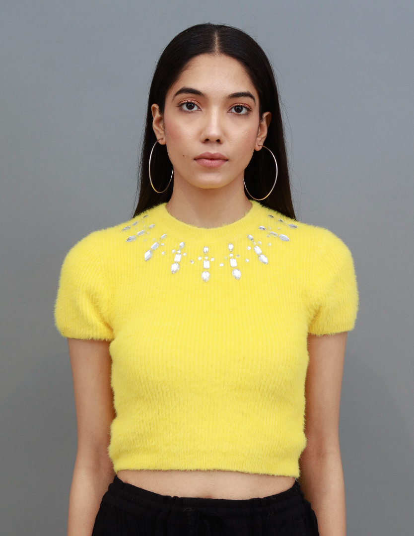 yellow fur crop top