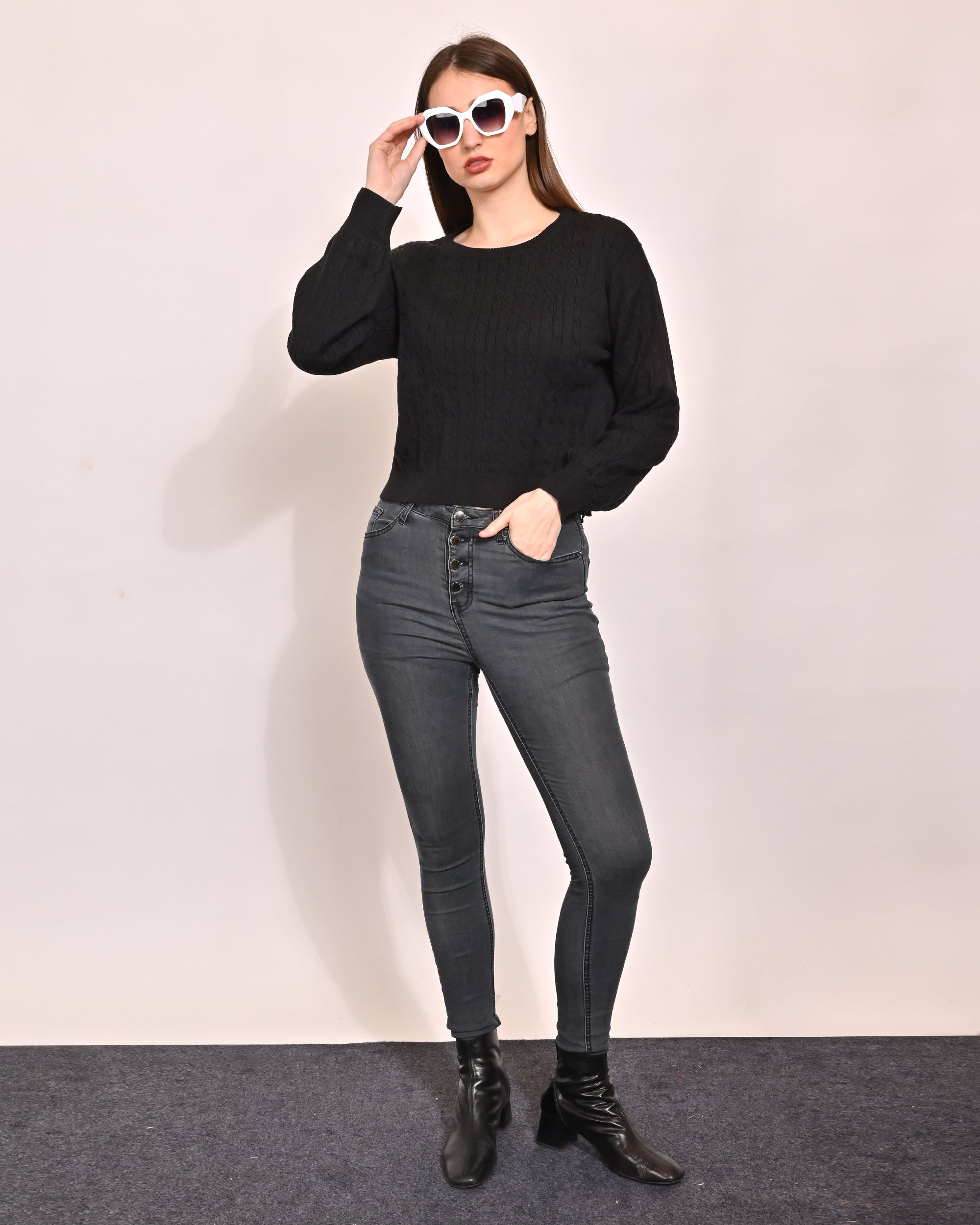 Women Black Acrylic Crop Sweater