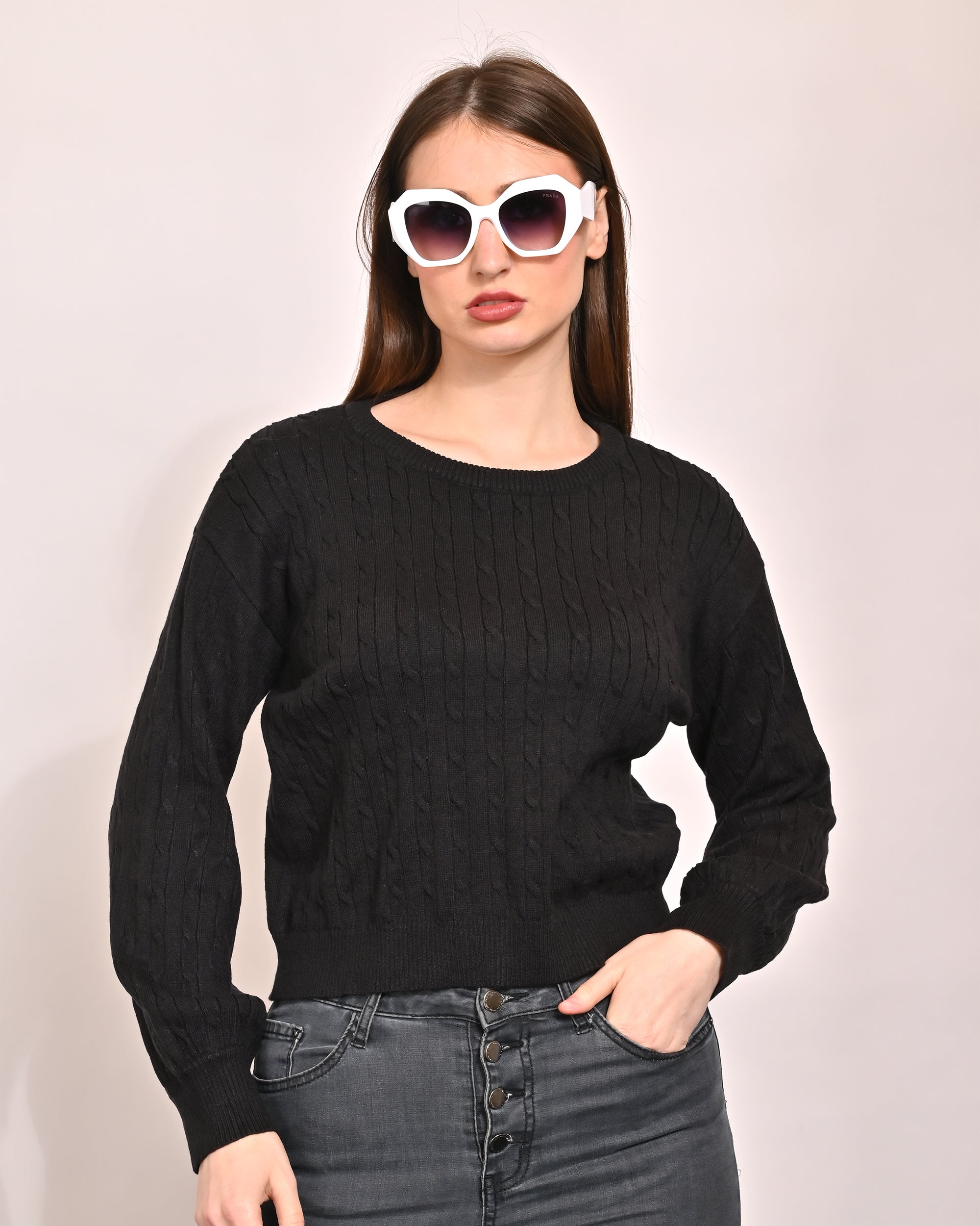 Women Black Acrylic Crop Sweater