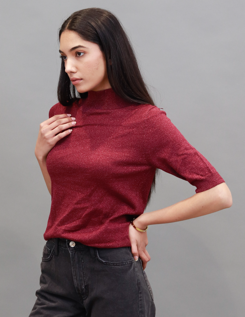 Women Wine High Neck Elbow Sleeve