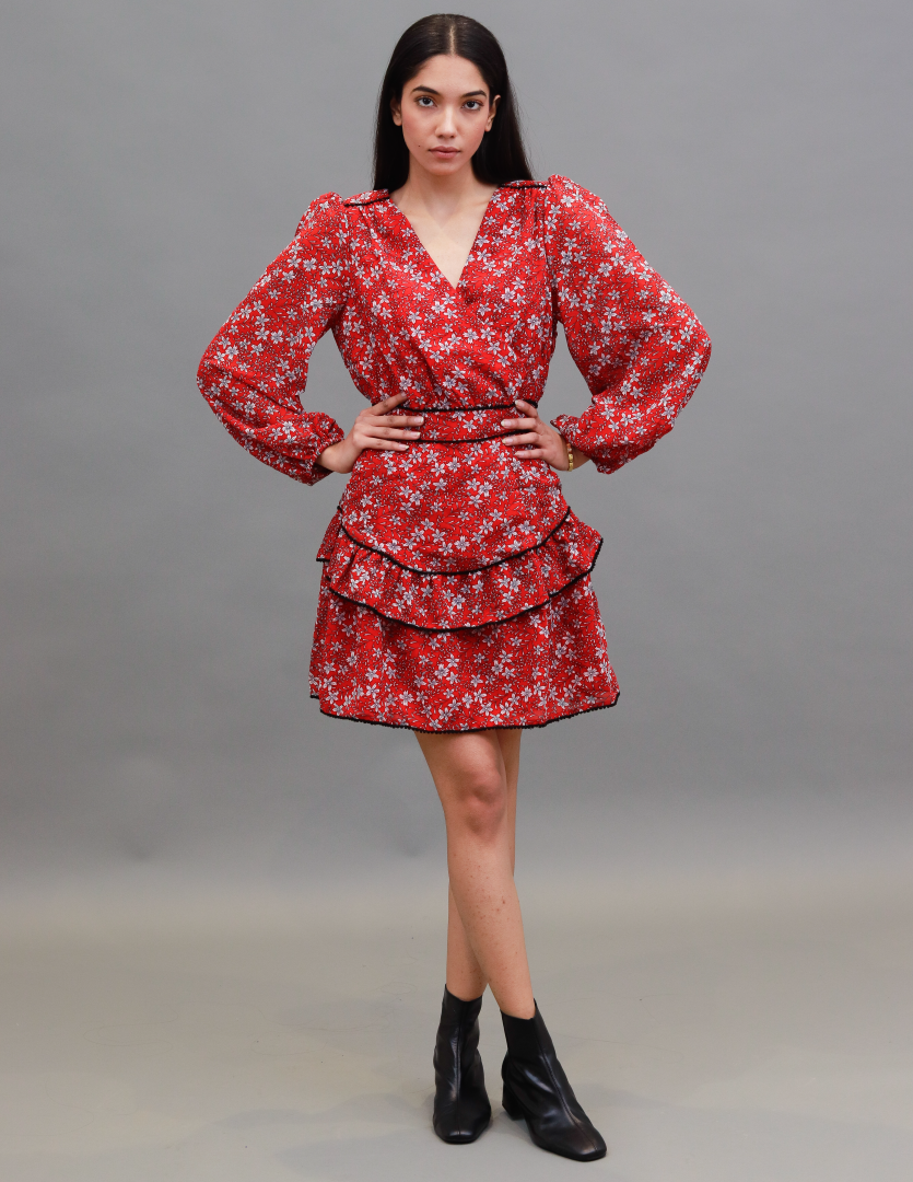 Women Red Floral Fit & Flare Dress