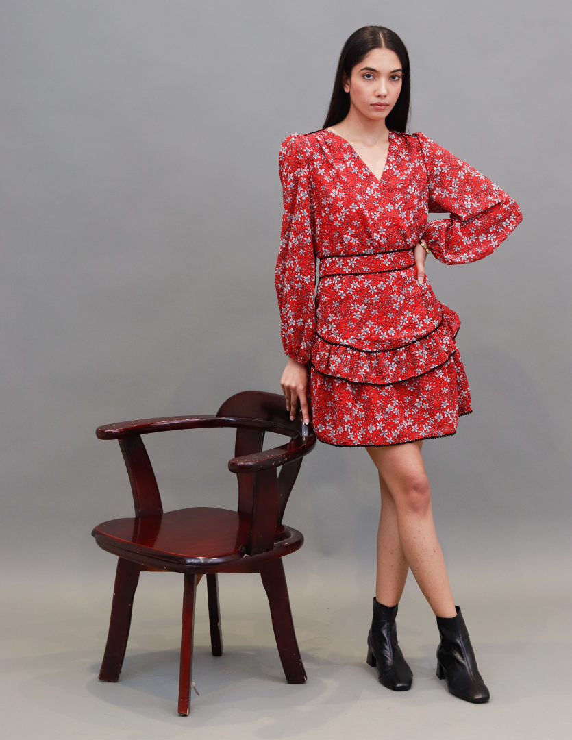 Women Red Floral Fit & Flare Dress