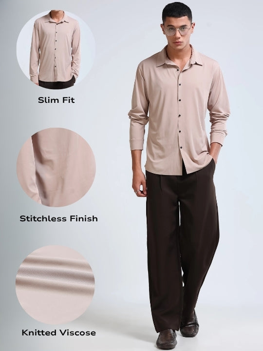 Men Beige Knitted Viscose Shirt