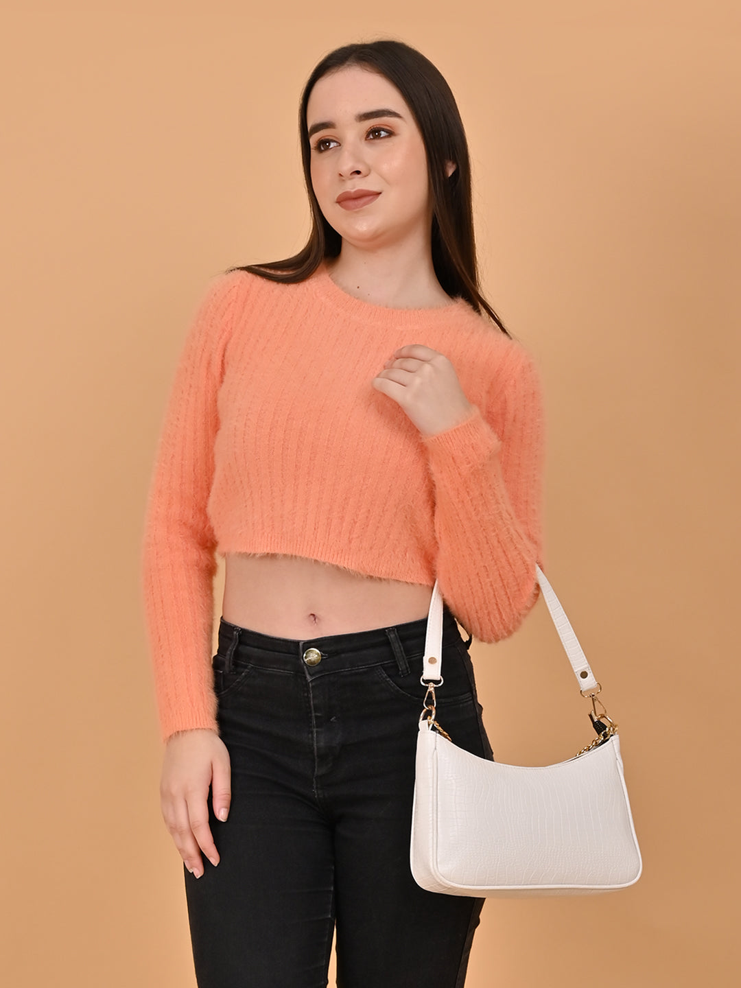 Women Orange Ribbed Sweater