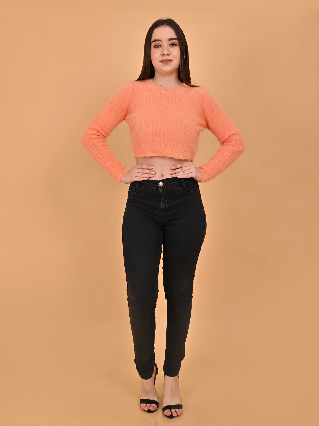 Women Orange Ribbed Sweater