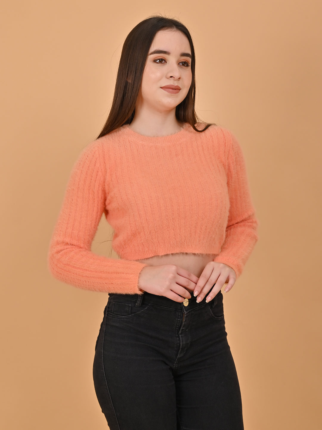 Women Orange Ribbed Sweater