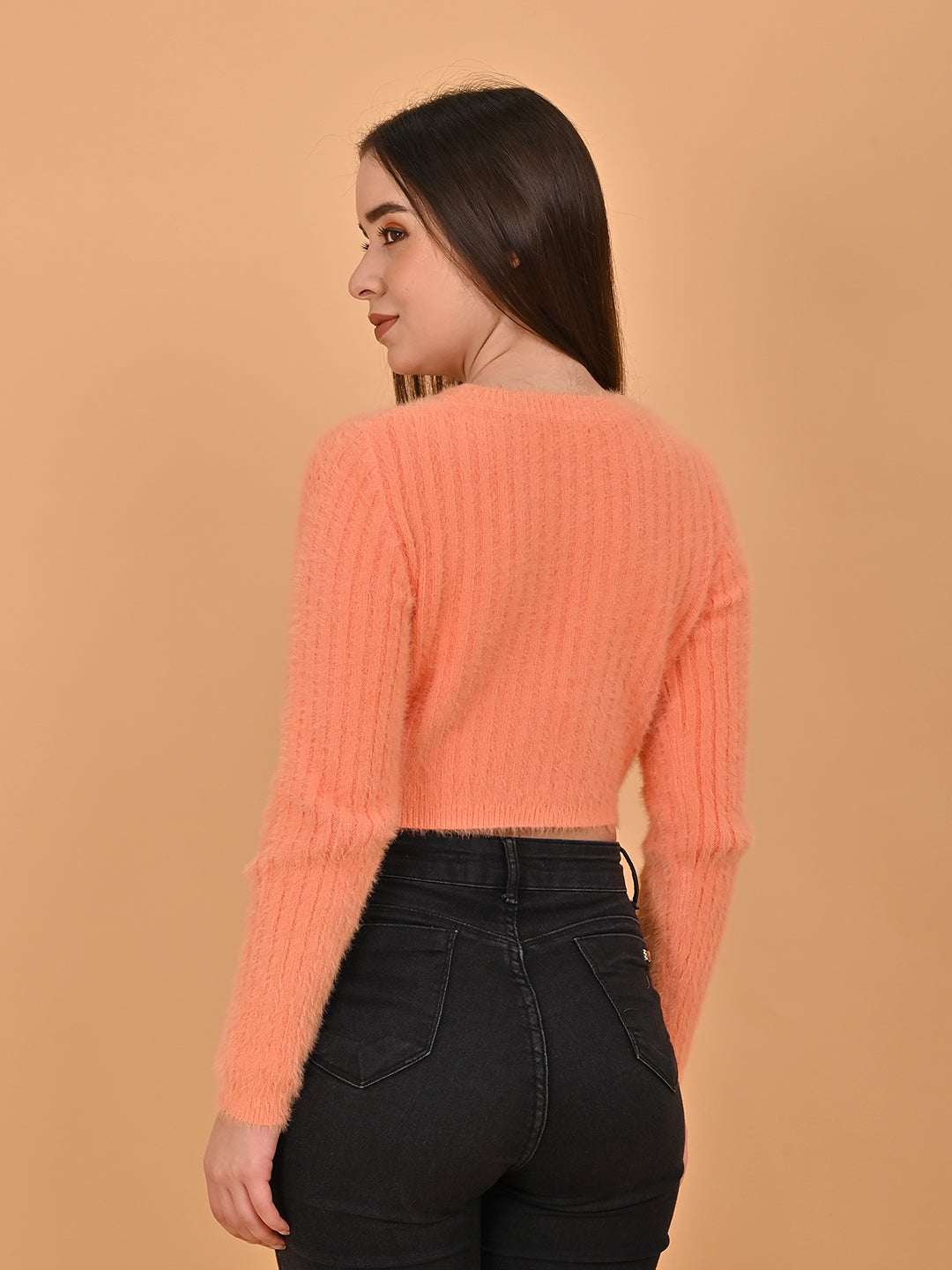 Women Orange Ribbed Sweater