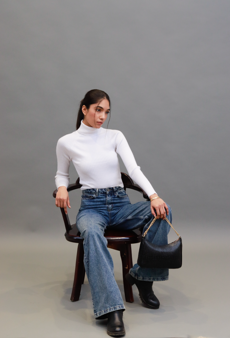 Women White Ribbed Turtleneck