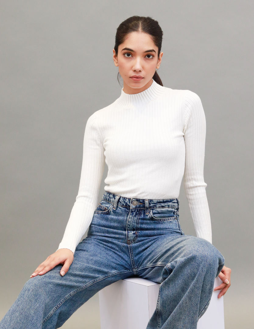 Women White Ribbed Turtleneck