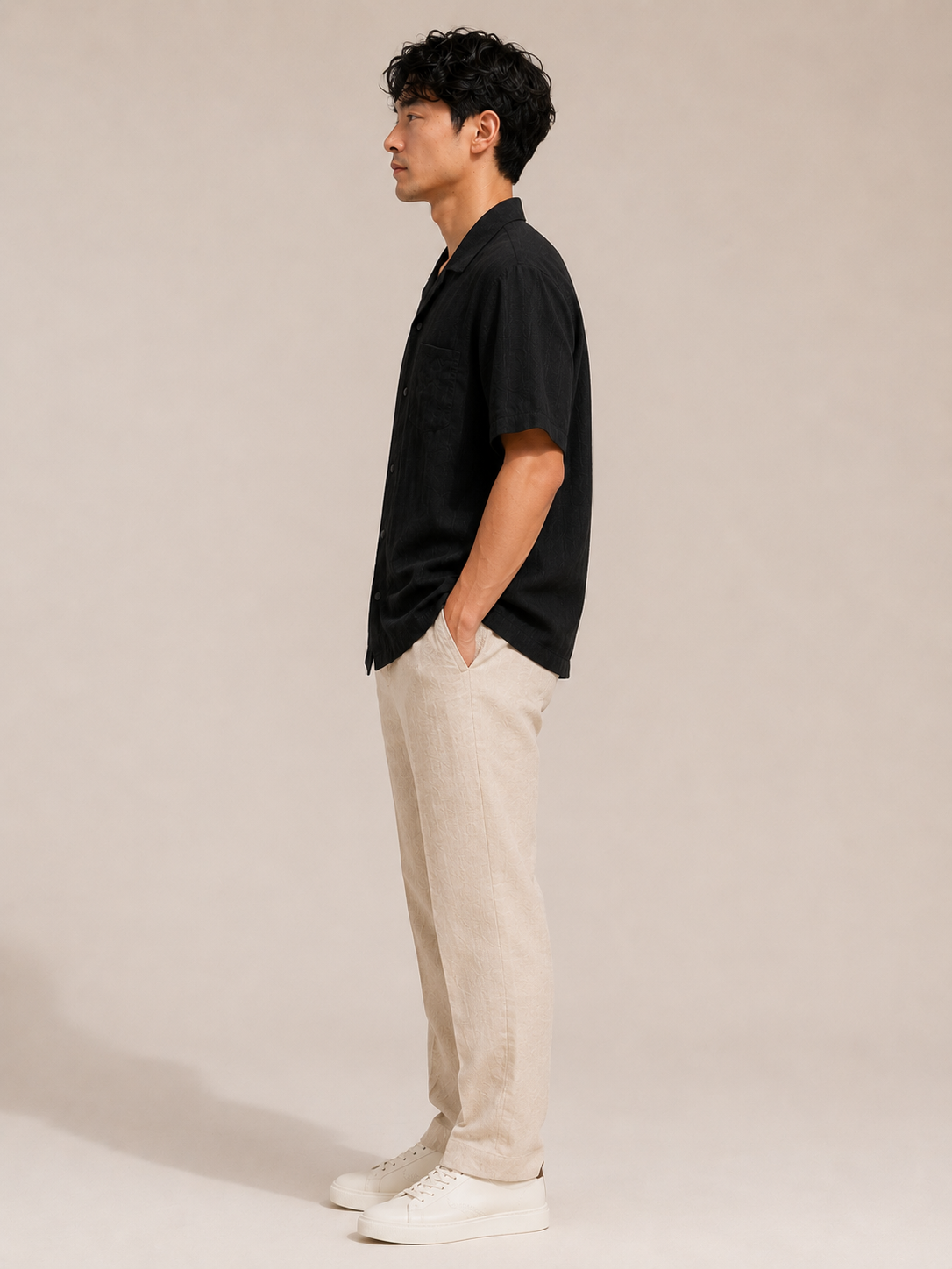 Men Black Textured Camp Collar Shirt