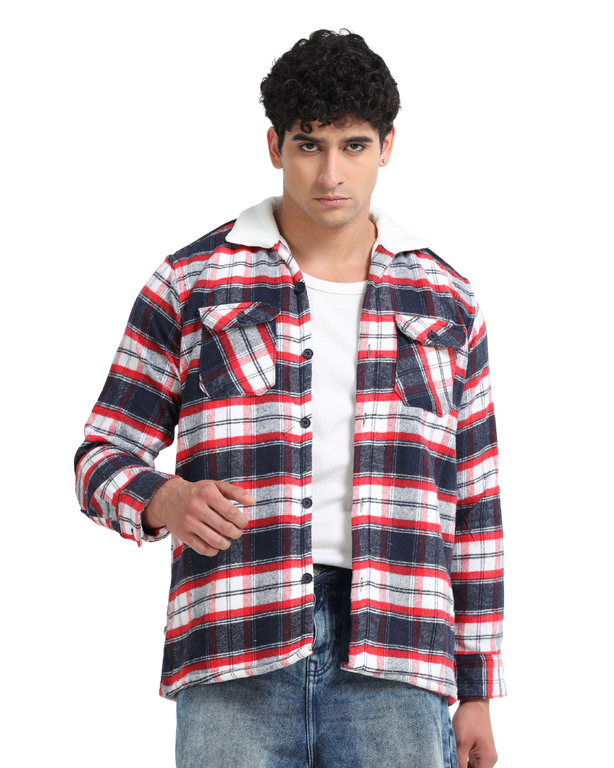 Men Checkered Long Sleeve Fur Collared Casual Brushed OverShirt