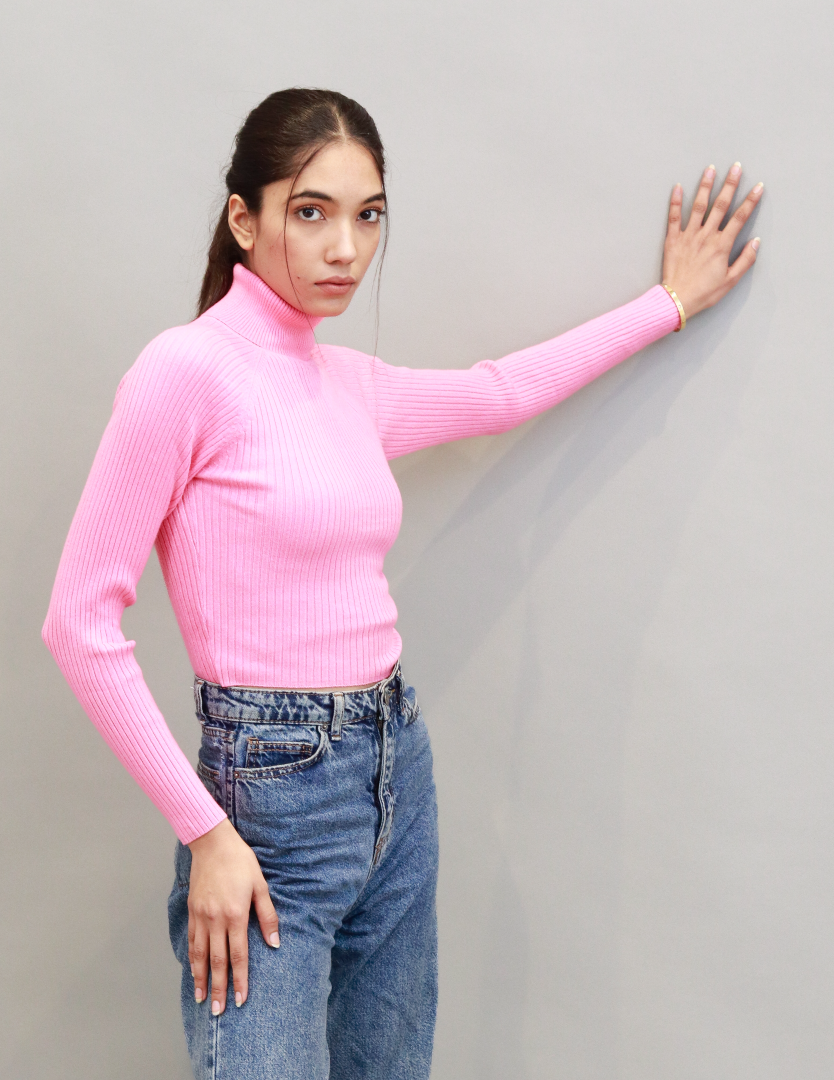 Women Pink Ribbed Pullover