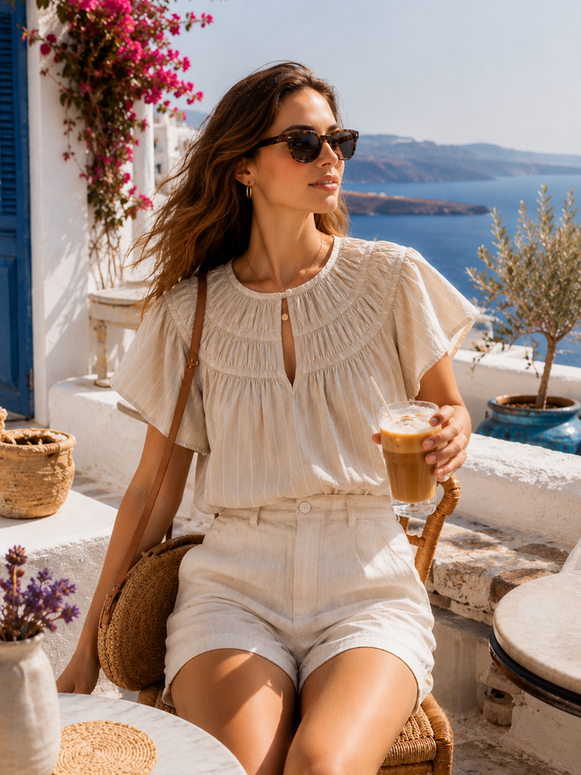Women Beige Smocked Neck Top