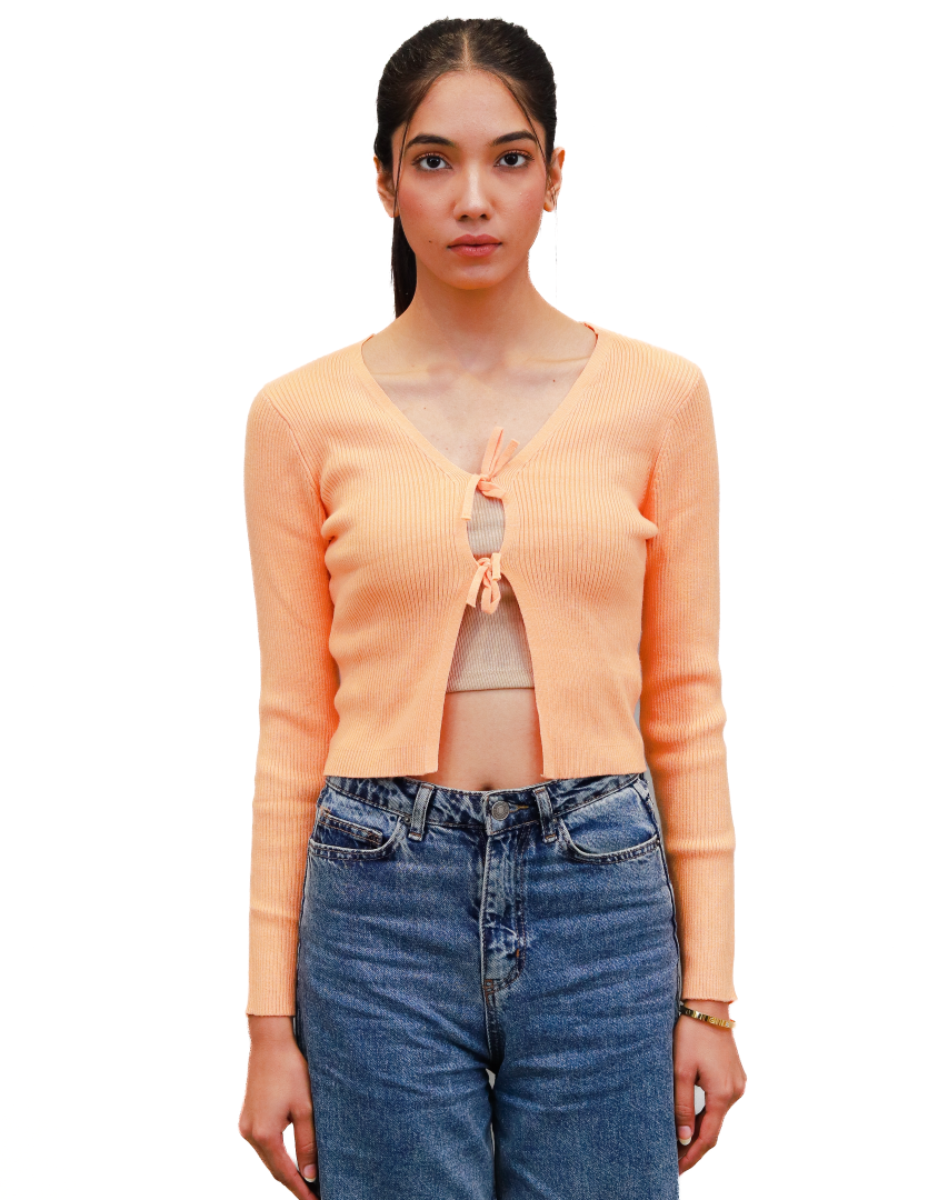 Women Orange Cropped Wrap Cardigan