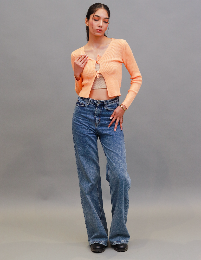 Women Orange Cropped Wrap Cardigan