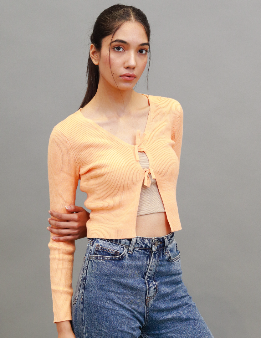 Women Orange Cropped Wrap Cardigan