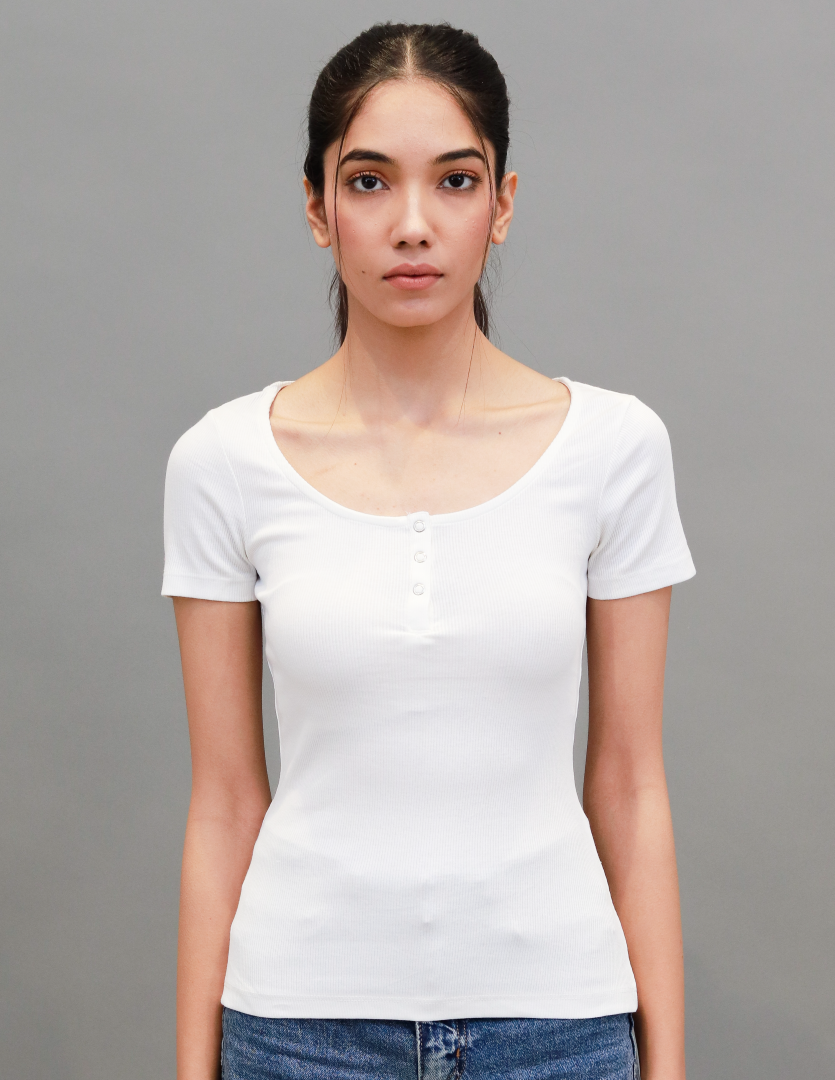 Women White Henley Neck T Shirt