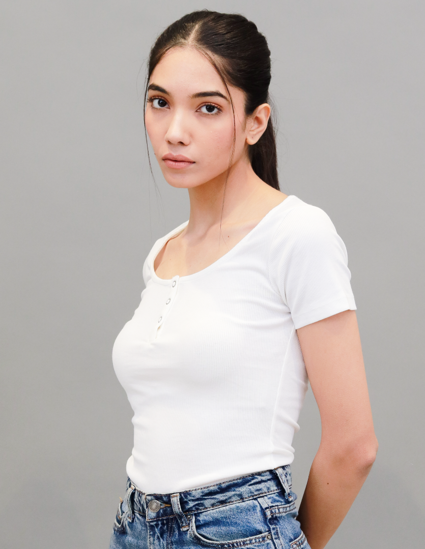 Women White Henley Neck T Shirt