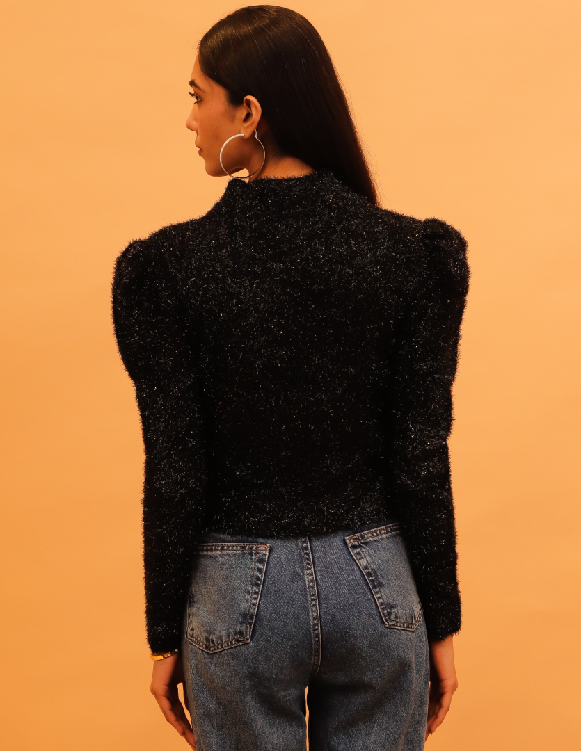 Women Black Mock Neck Glitter