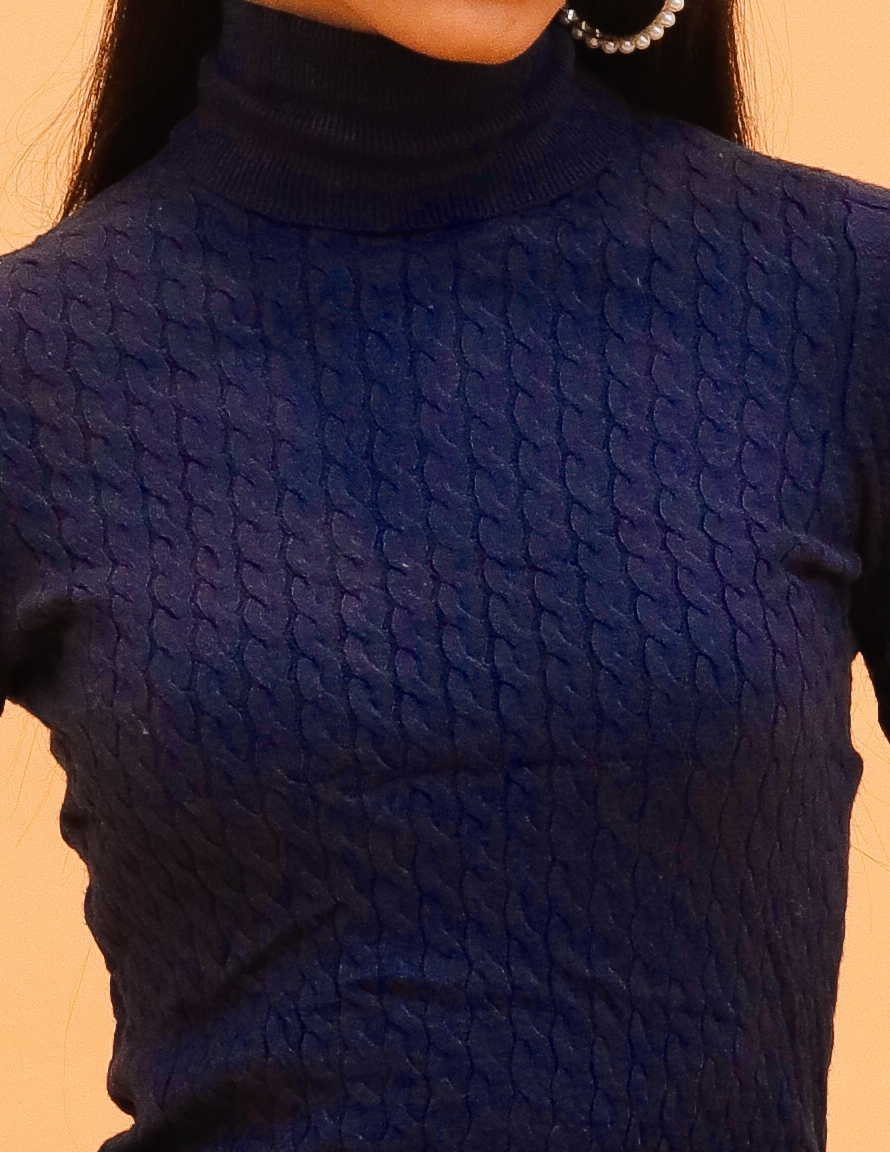 Women Blue Cable Knit High Neck Sweater