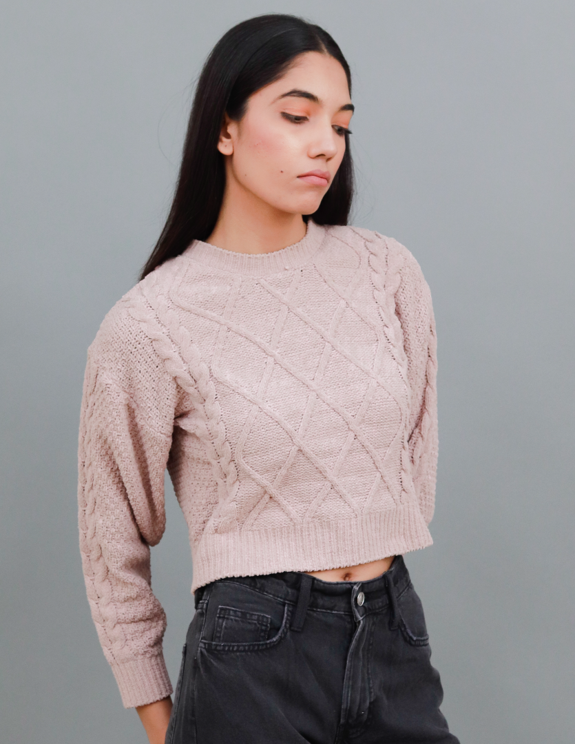 Women Brown Crew Neck Cable Knit Sweater