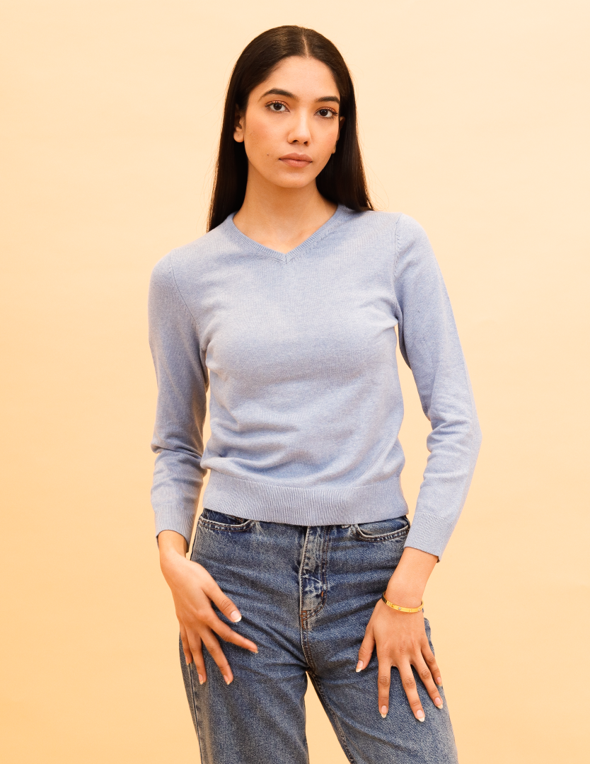 Women Sky Blue V Neck Sweater