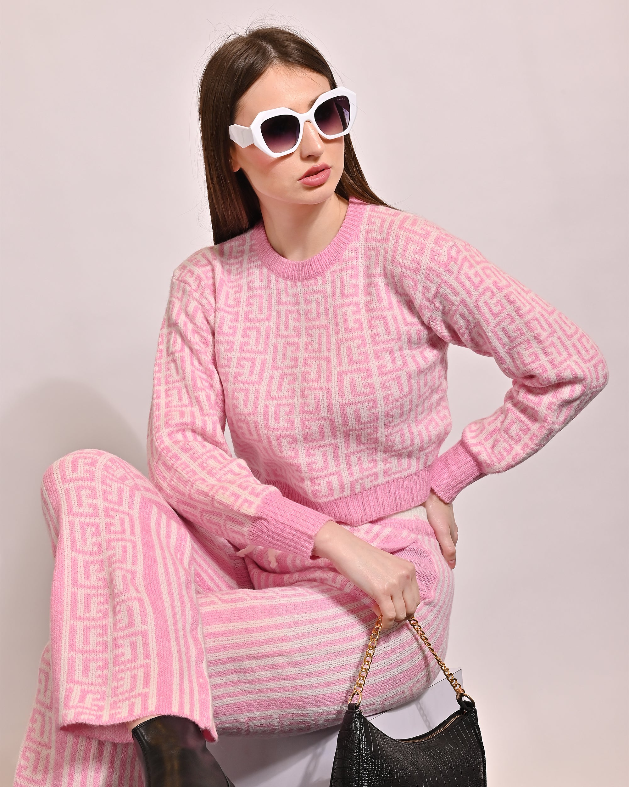 Women Pink Brown Knit Co Ord