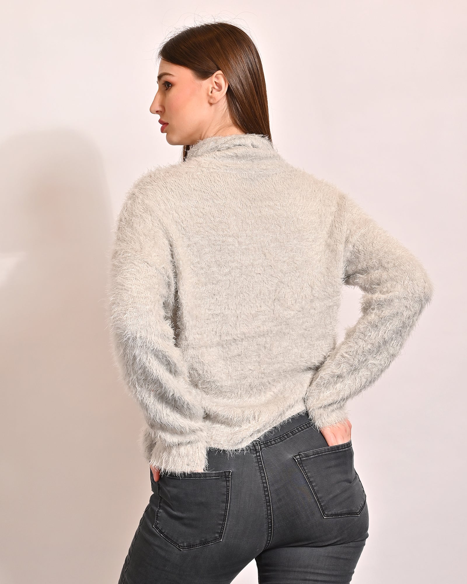 Women Grey Faux Fur Turtleneck