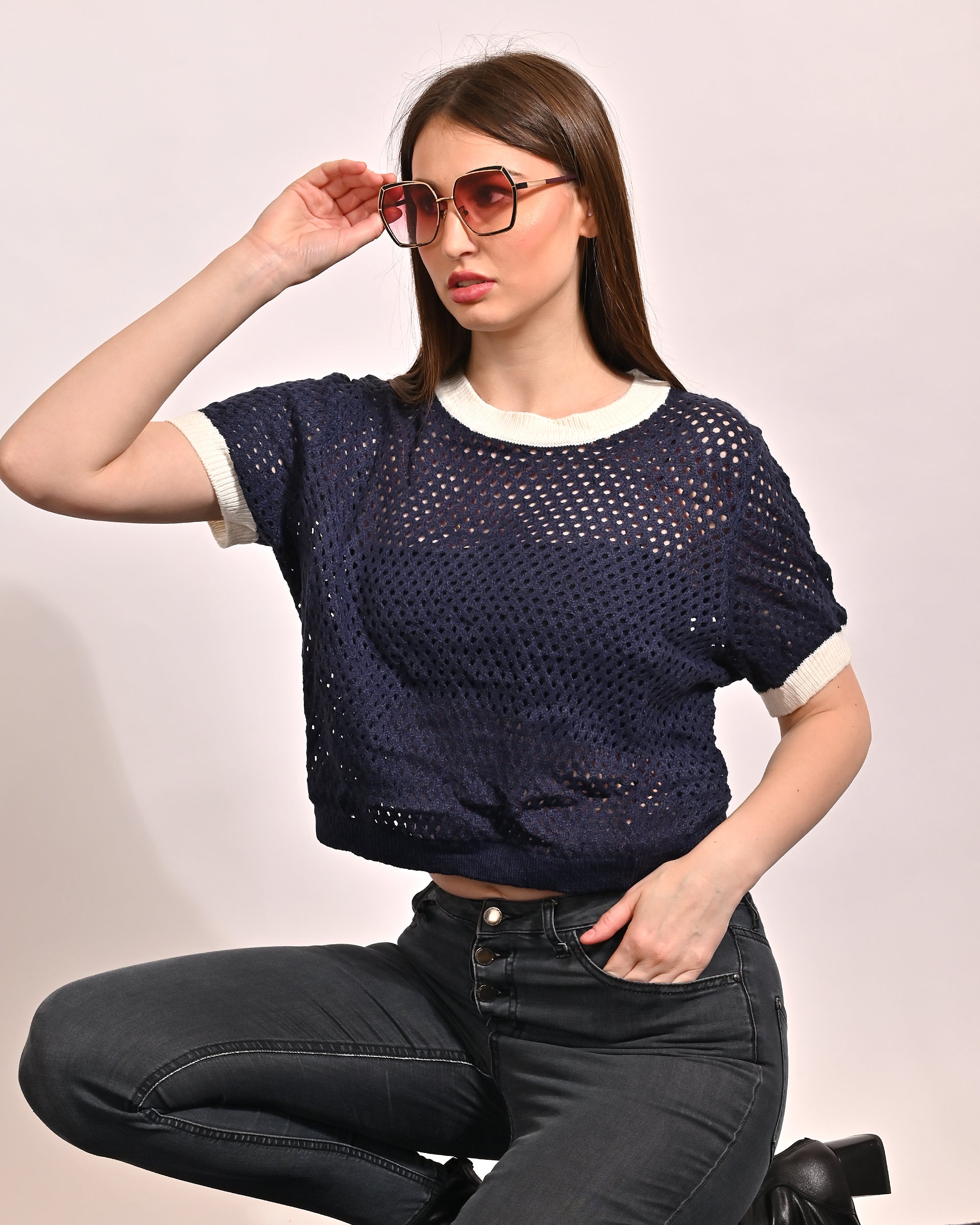 Women Dark Blue Crochet Mesh Top