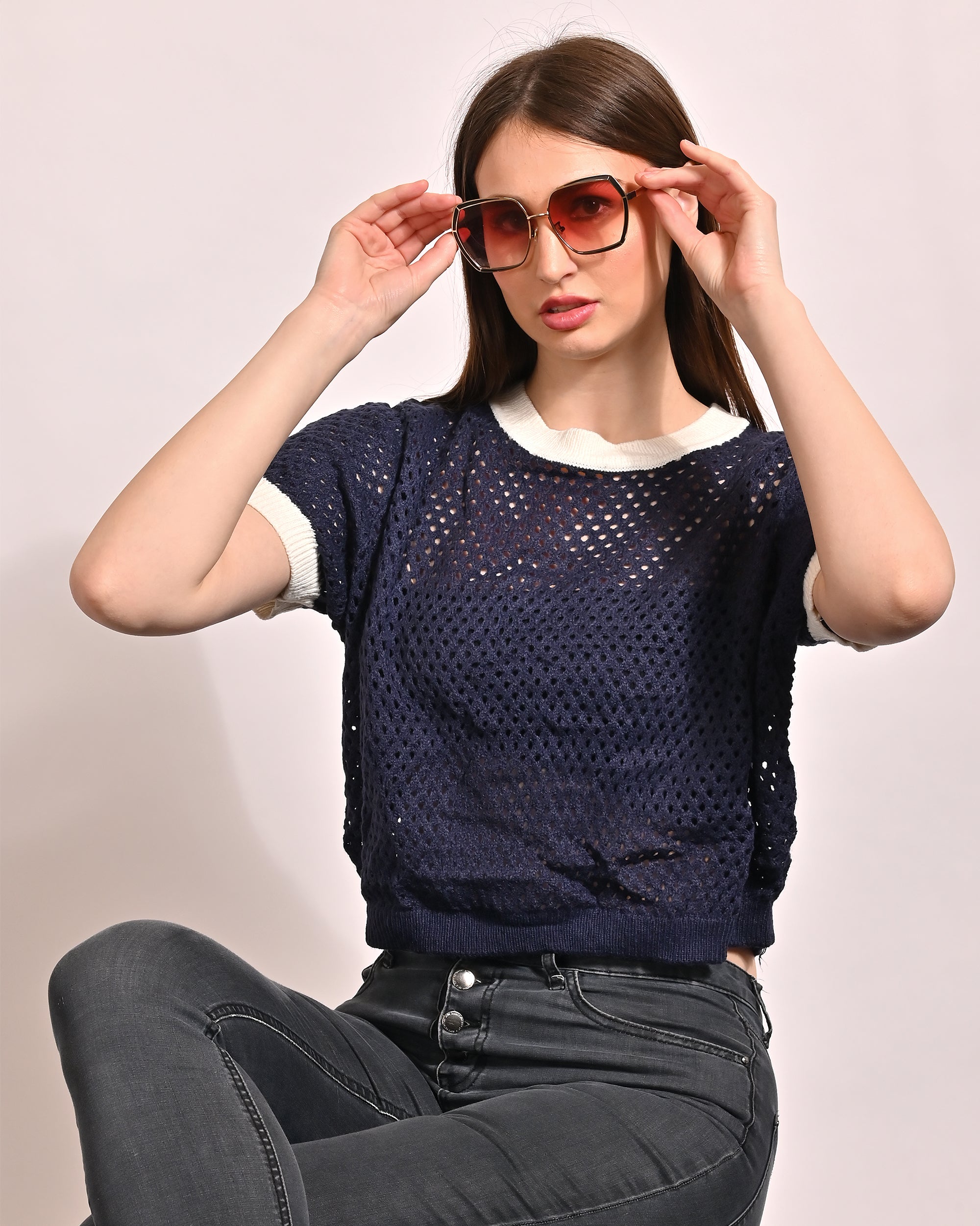 Women Dark Blue Crochet Mesh Top