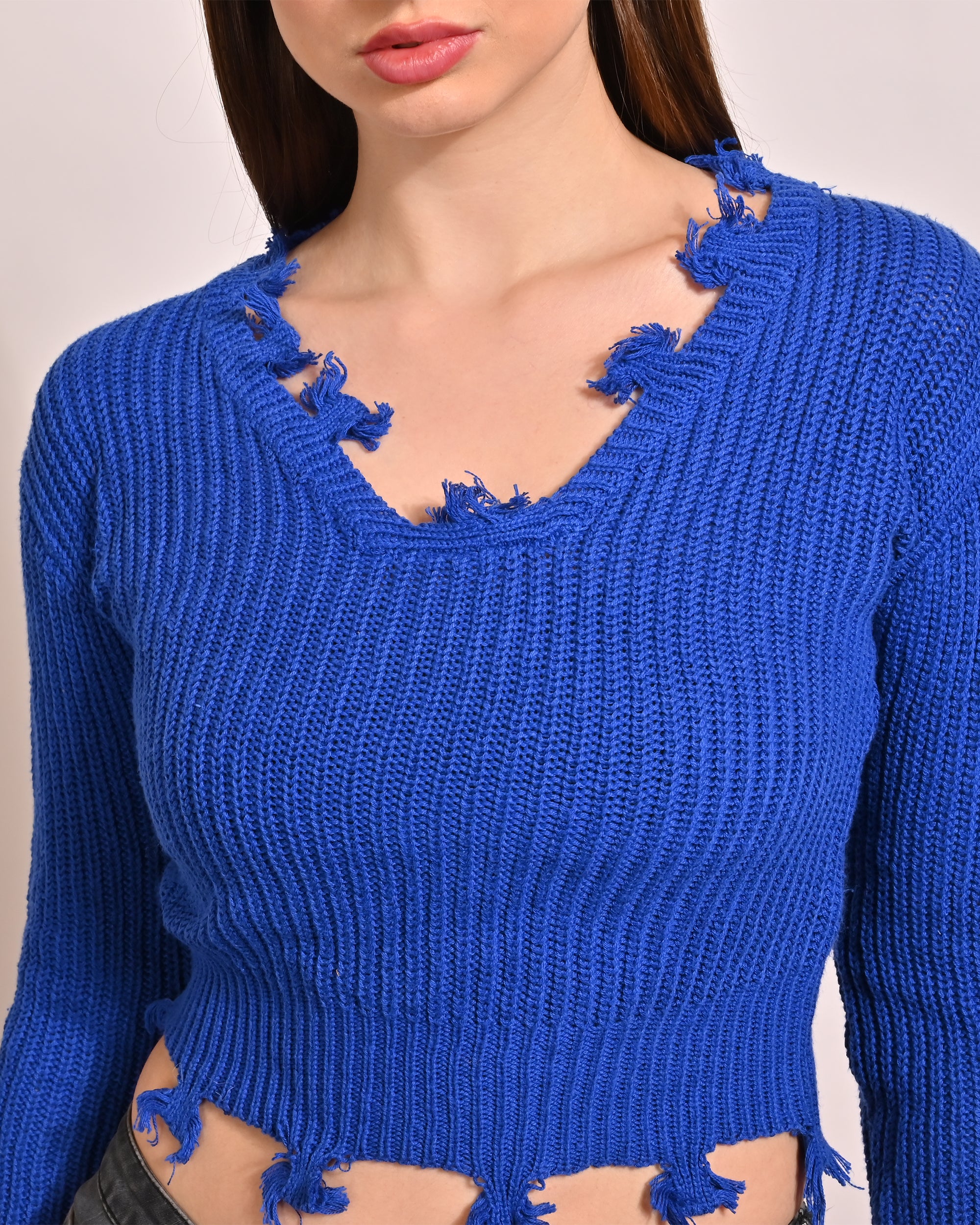 Women Royal Blue V Neck Sweater