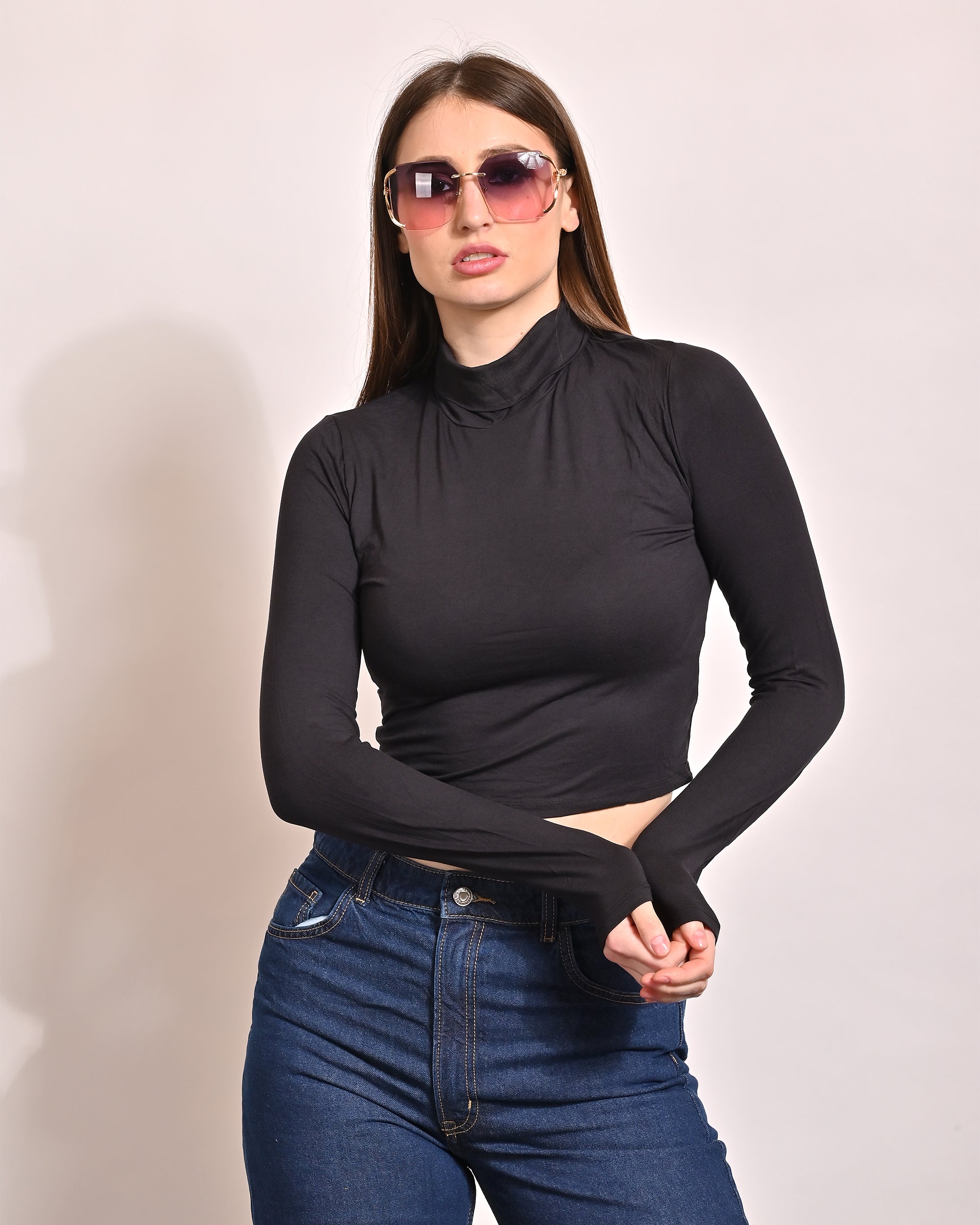 Women Black Turtle Neck Crop Top