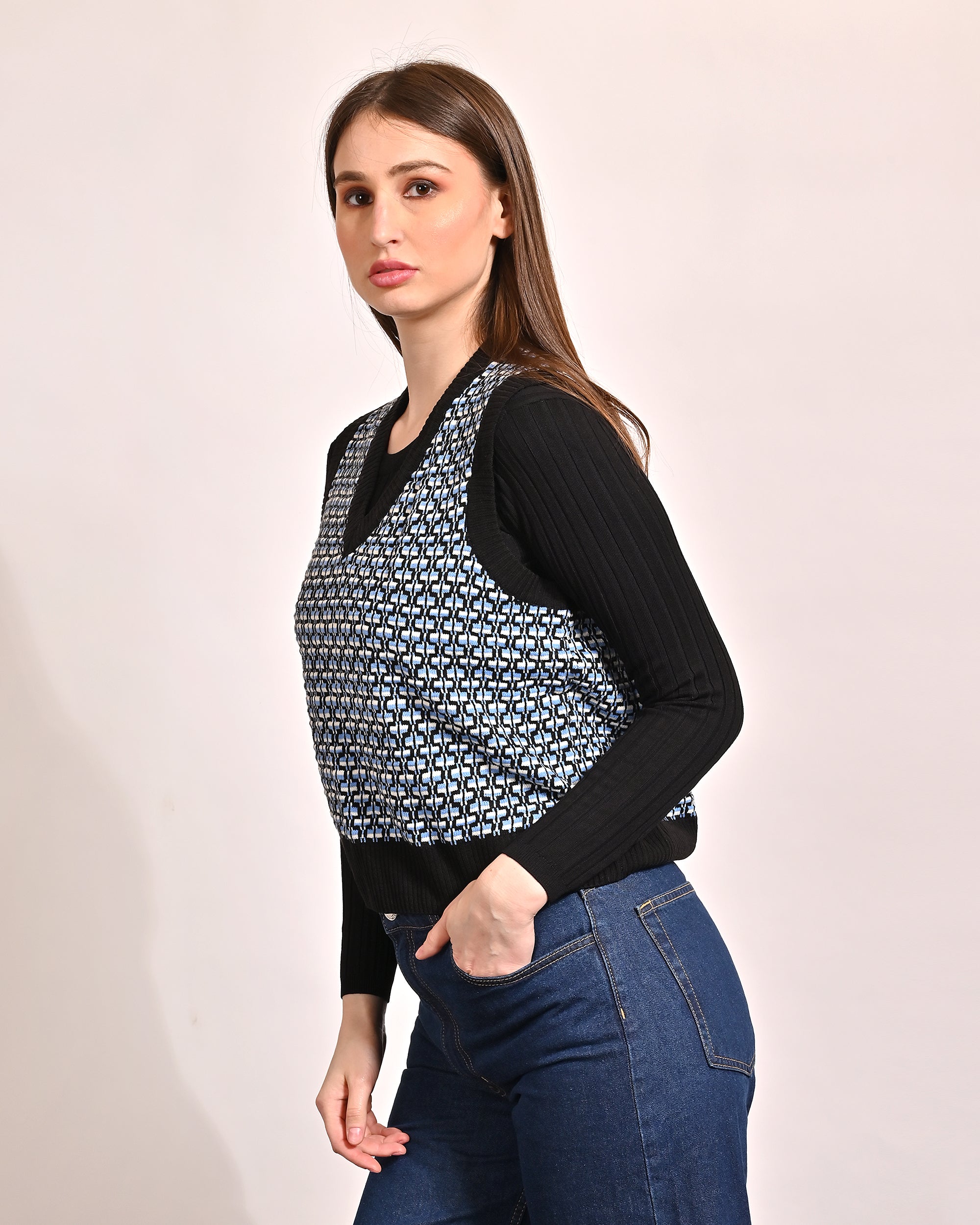 Women Blue V Neck Vest Sweater