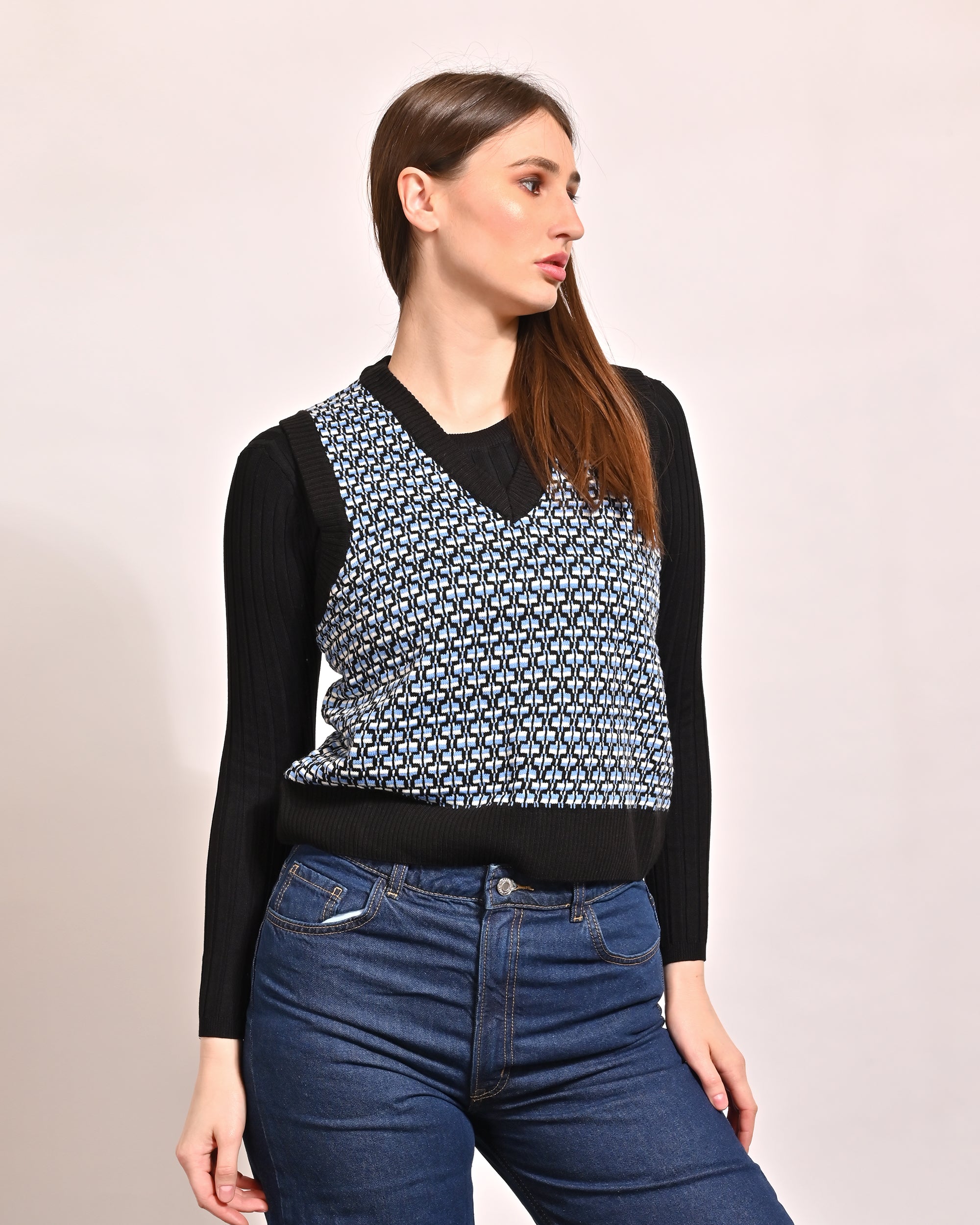 Women Blue V Neck Vest Sweater