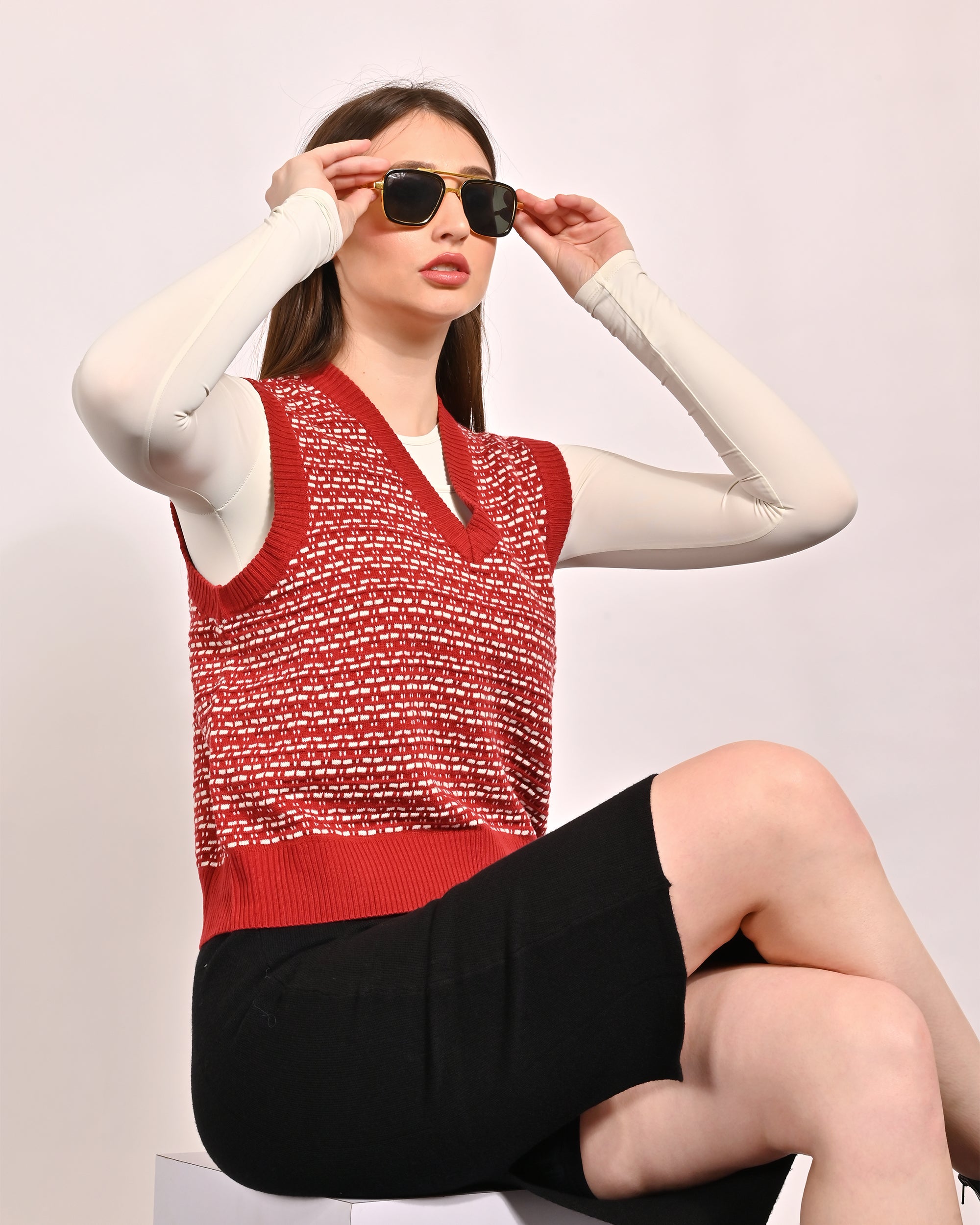 Women Red V Neck Vest Sweater