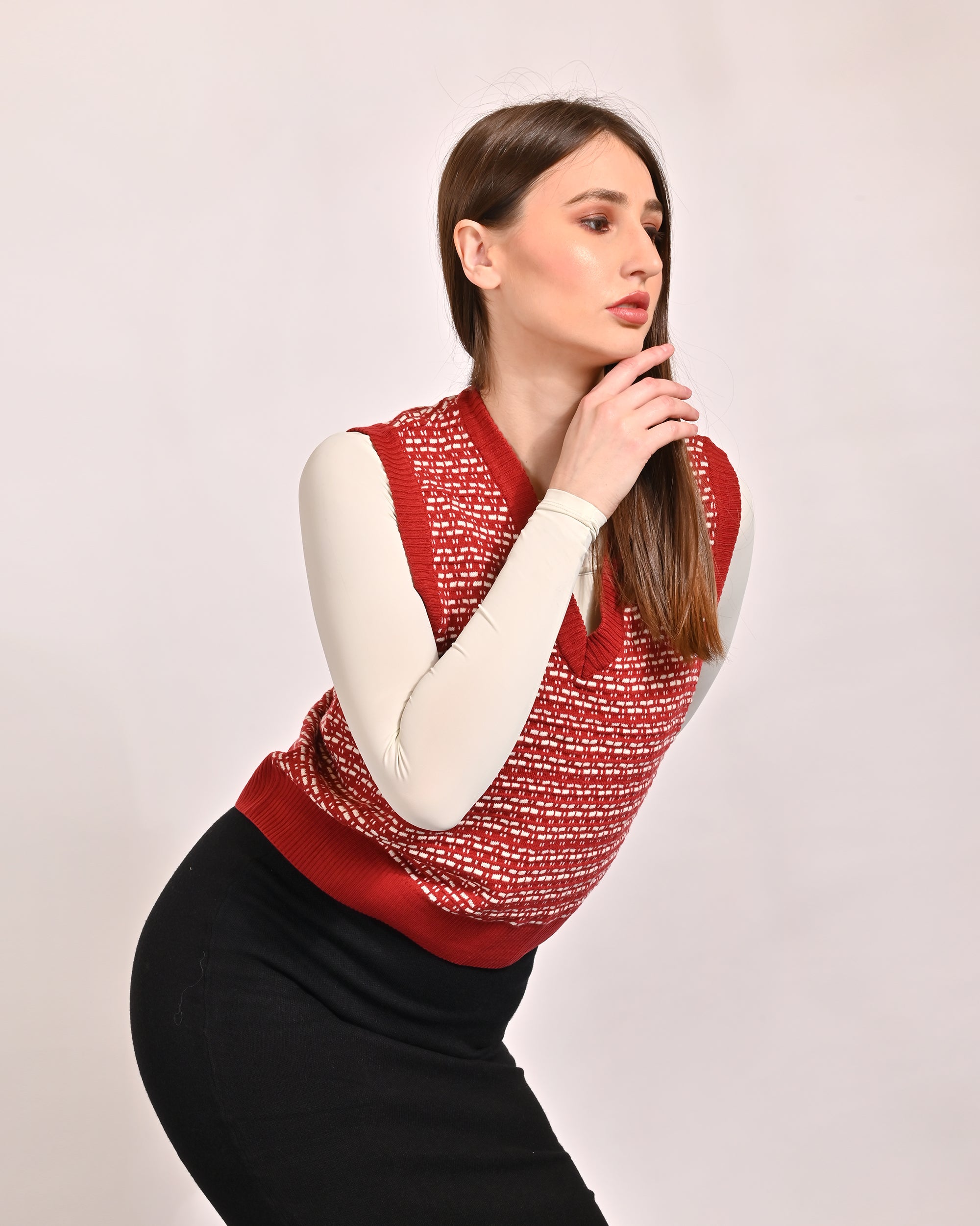 Women Red V Neck Vest Sweater