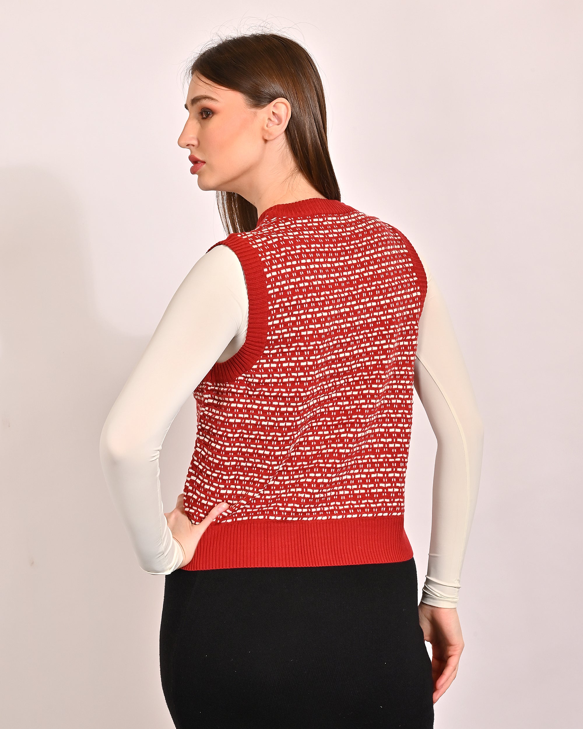 Women Red V Neck Vest Sweater