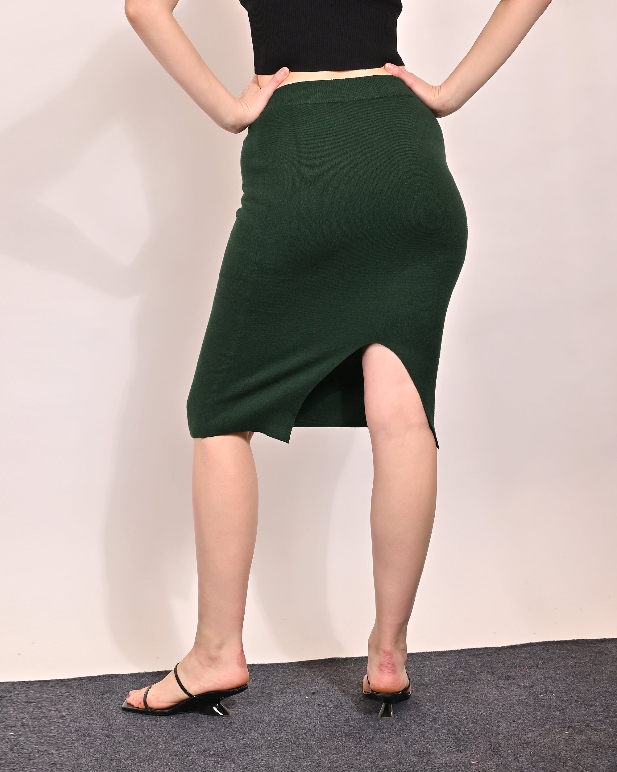 Women Dark Green Midi Pencil Skirt