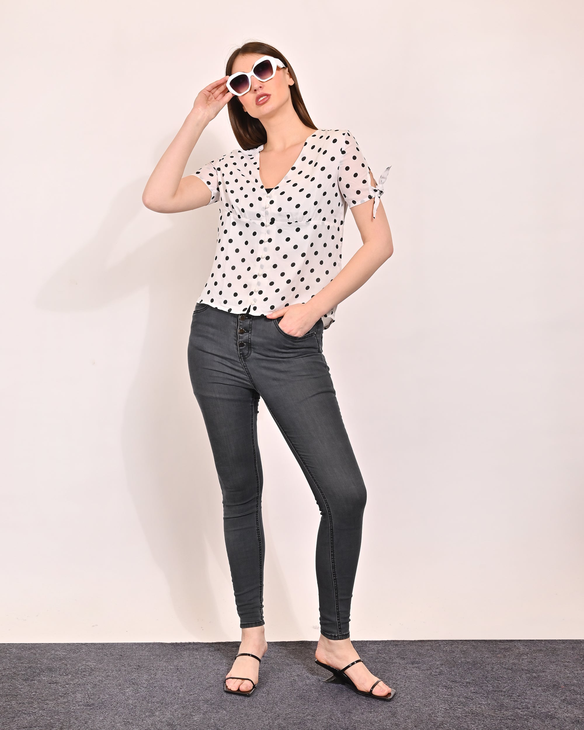 Women Polka Dot V Neck Top