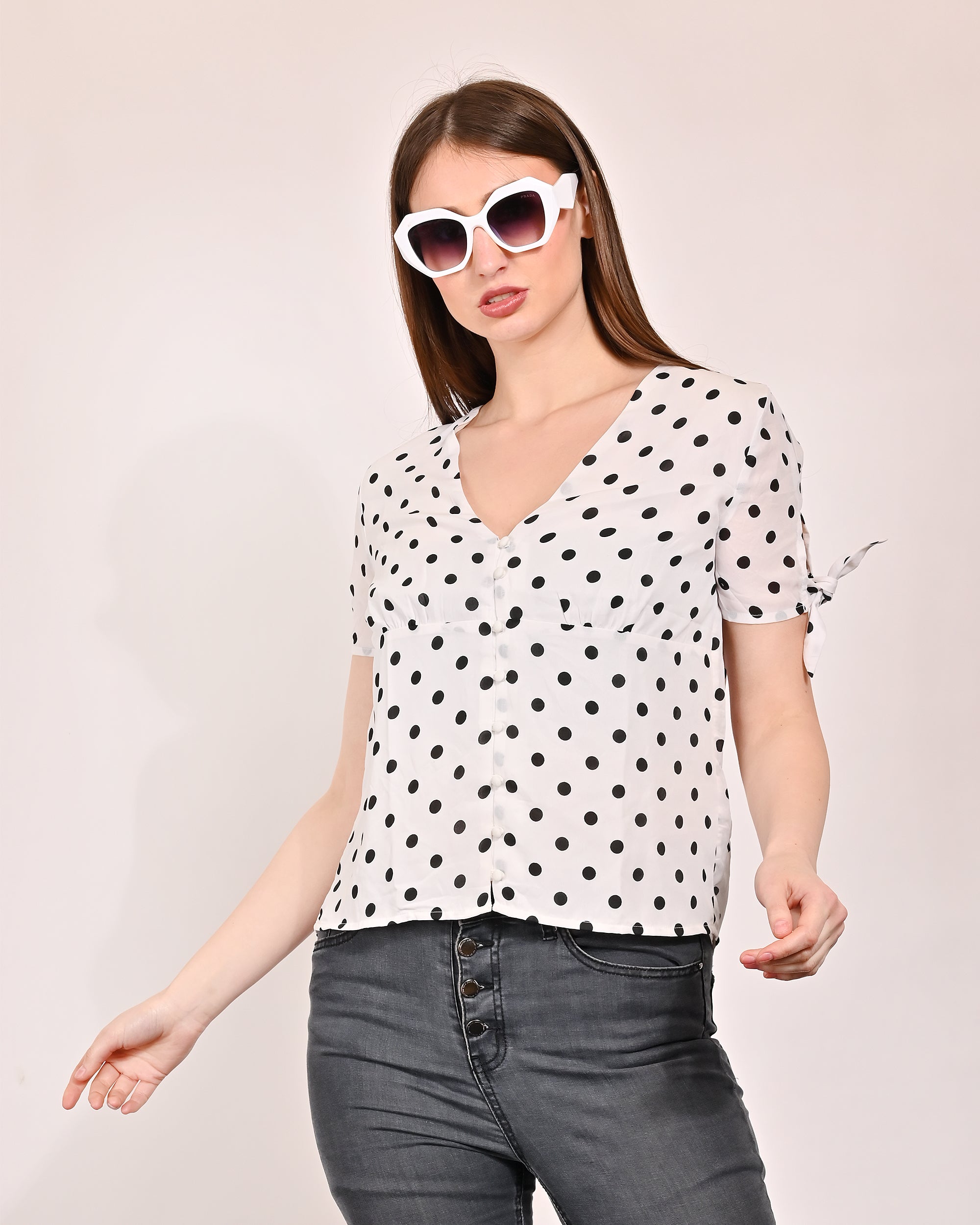 Women Polka Dot V Neck Top