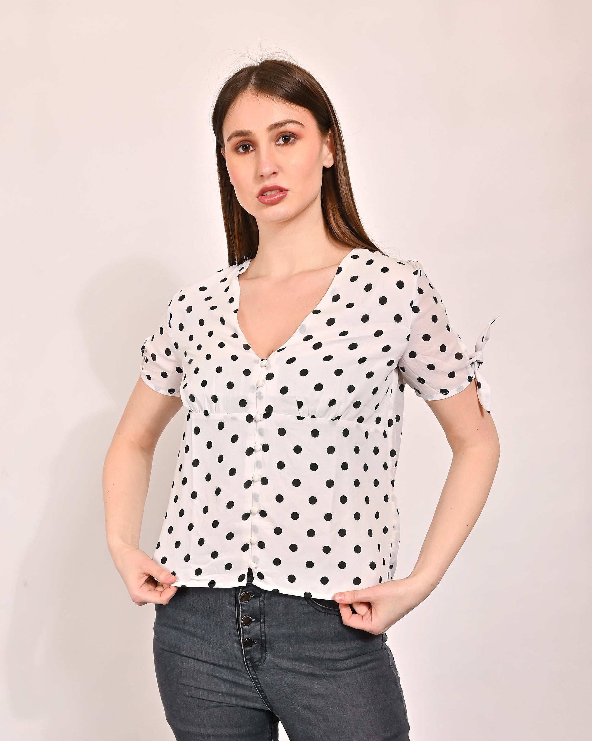 Women Polka Dot V Neck Top