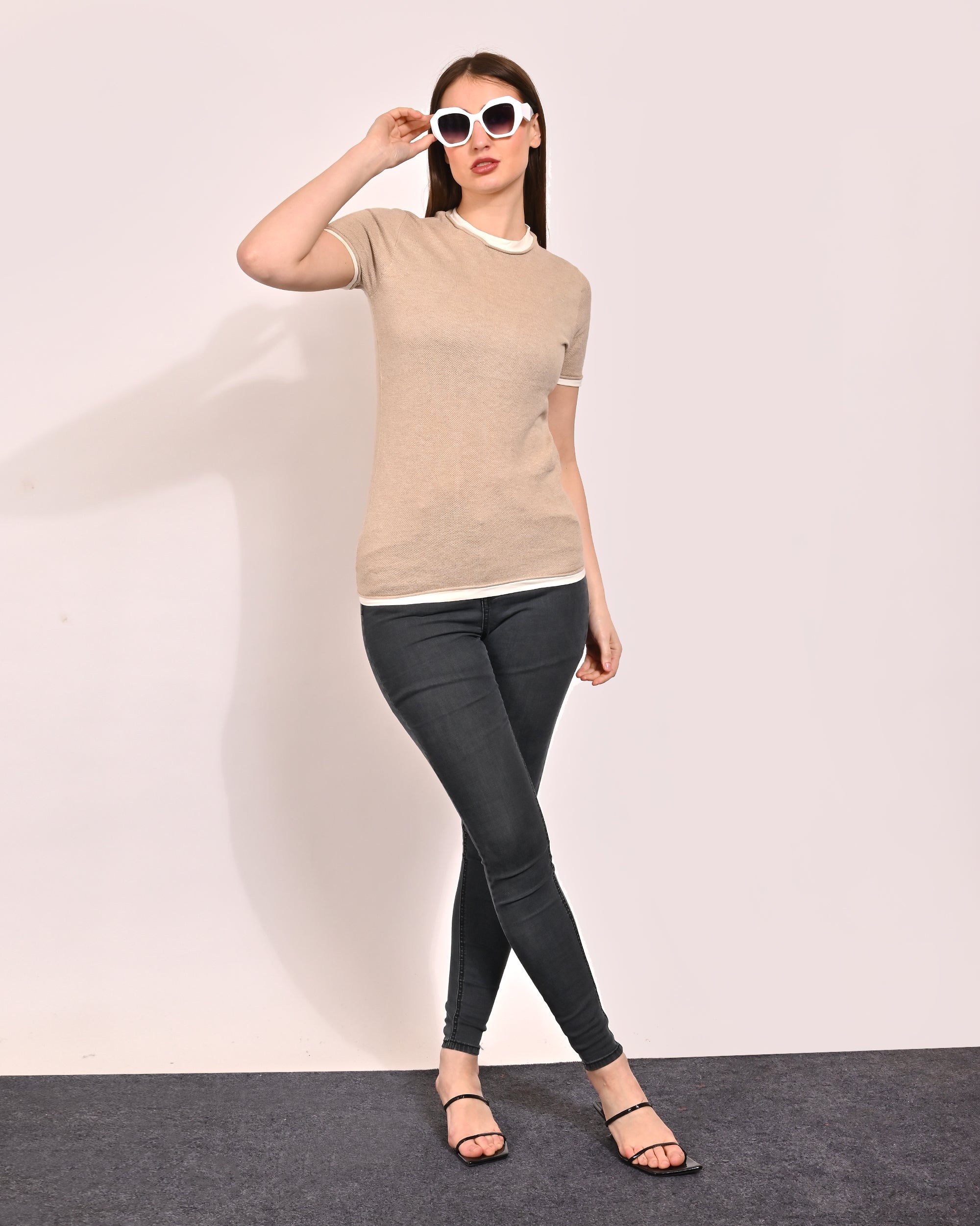 Women Beige Round Neck Top