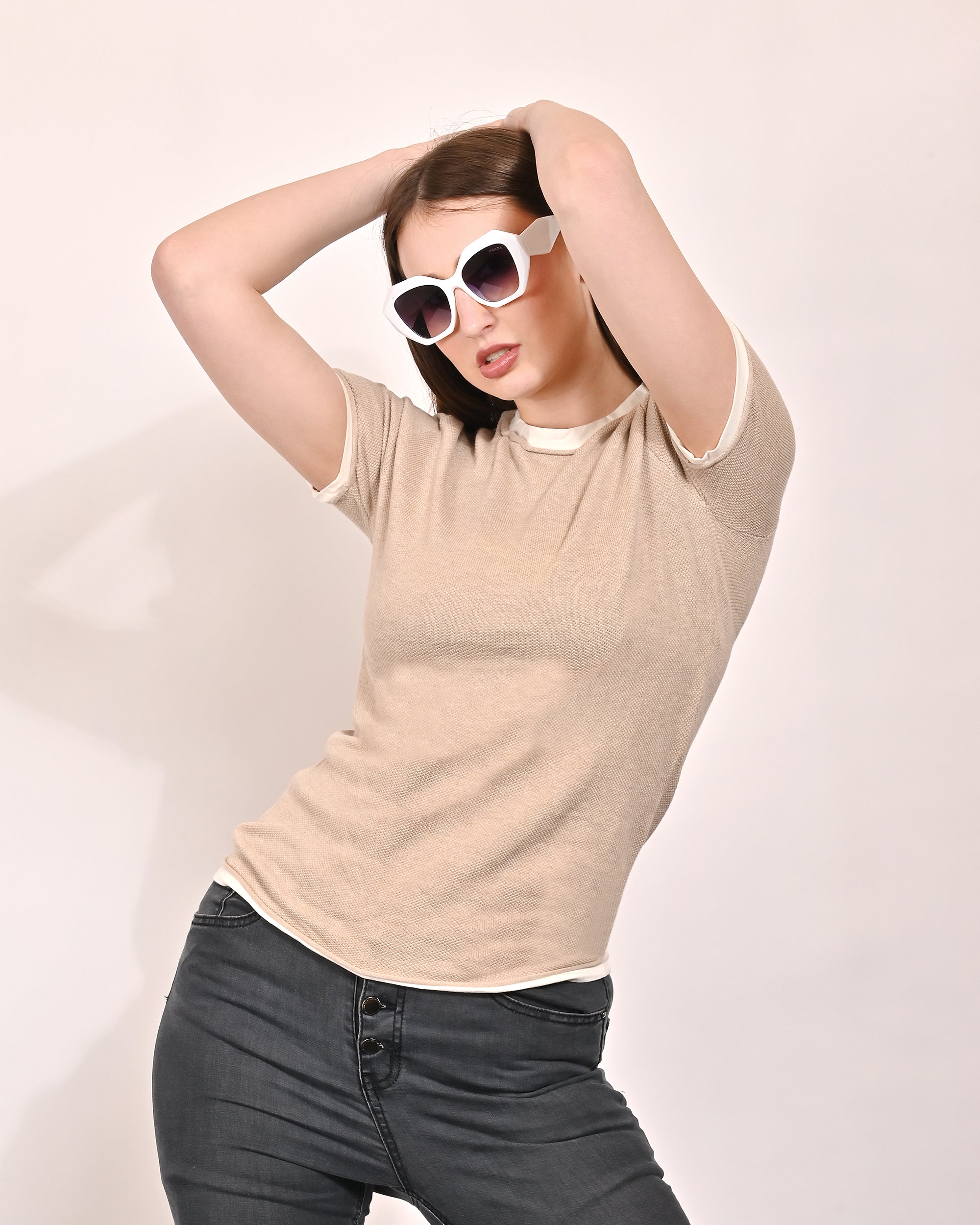 Women Beige Round Neck Top