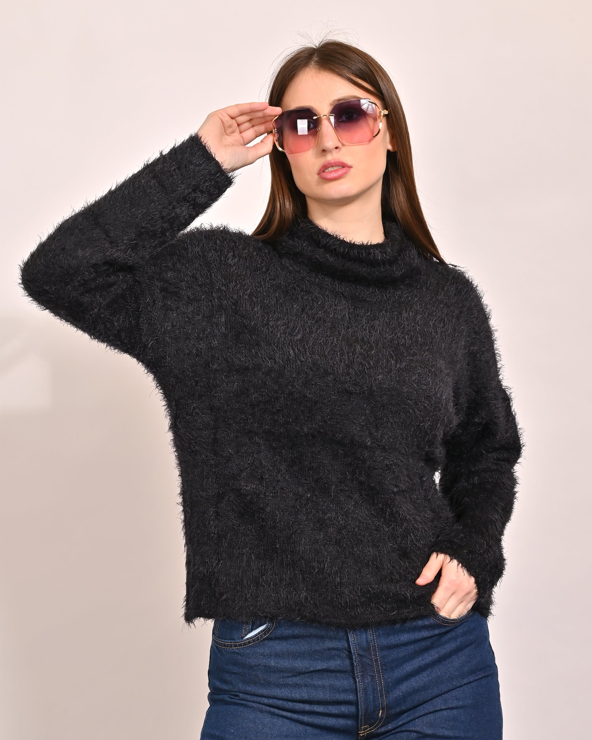 Women Black Faux Fur Sweater