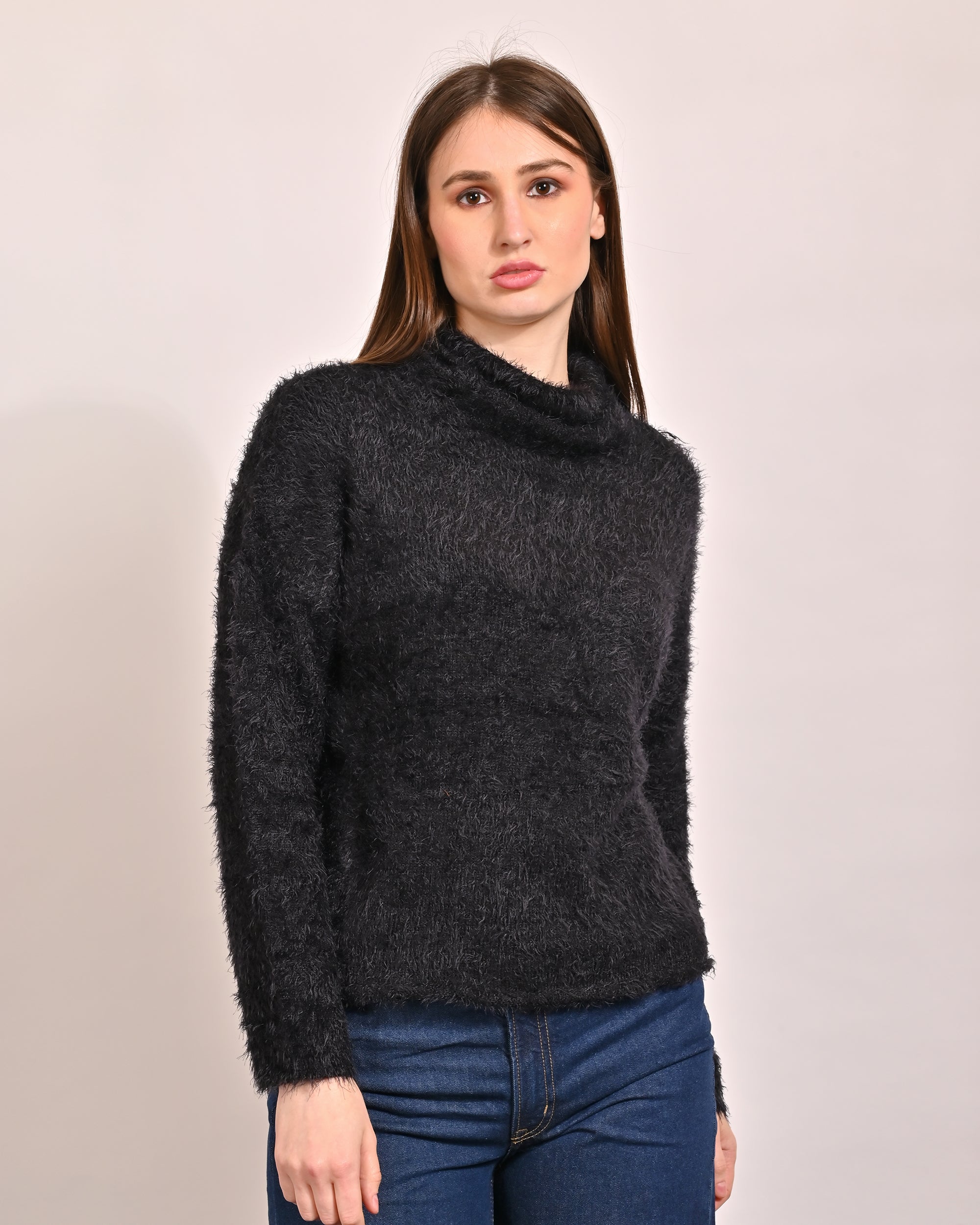 Women Black Faux Fur Sweater