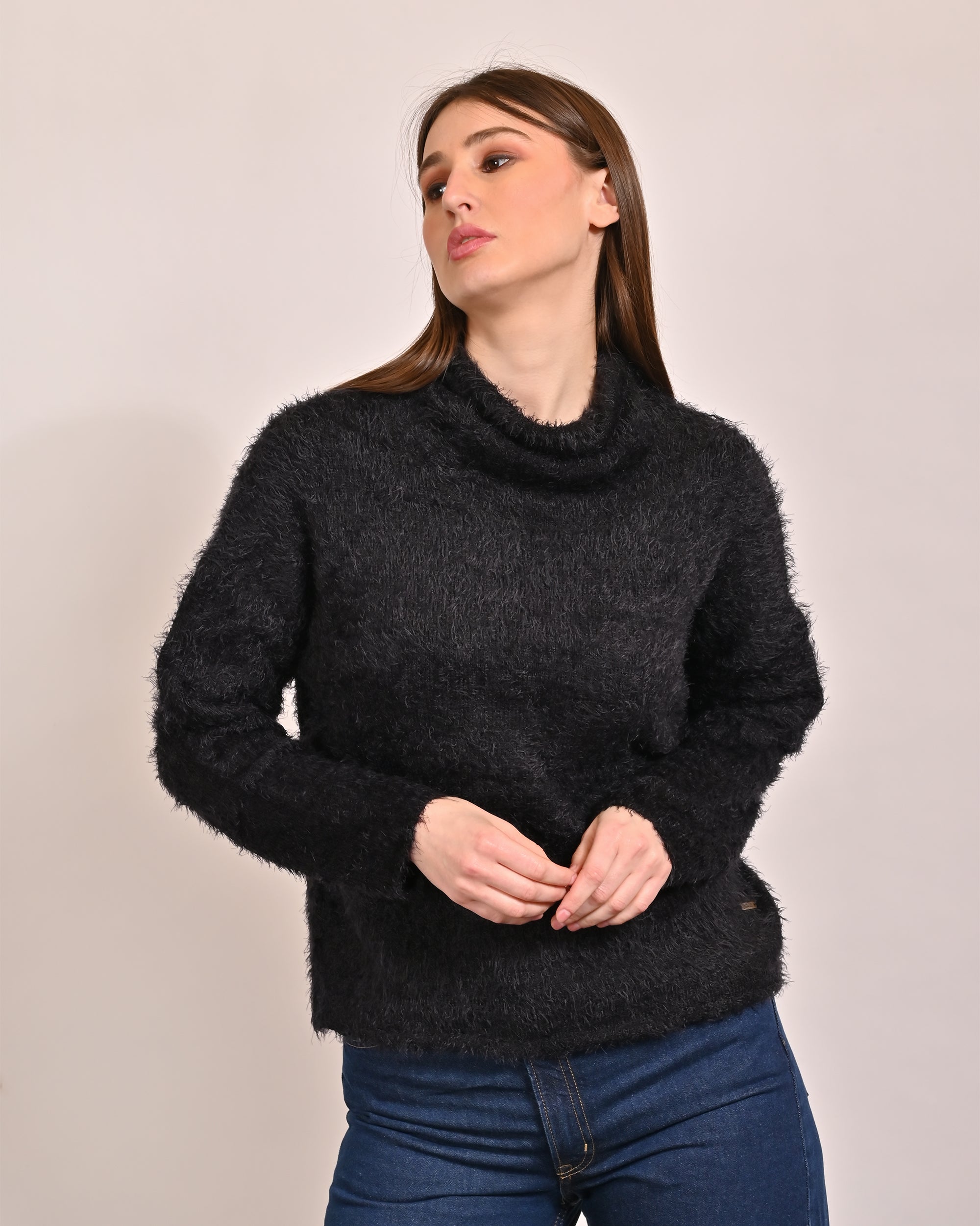 Women Black Faux Fur Sweater