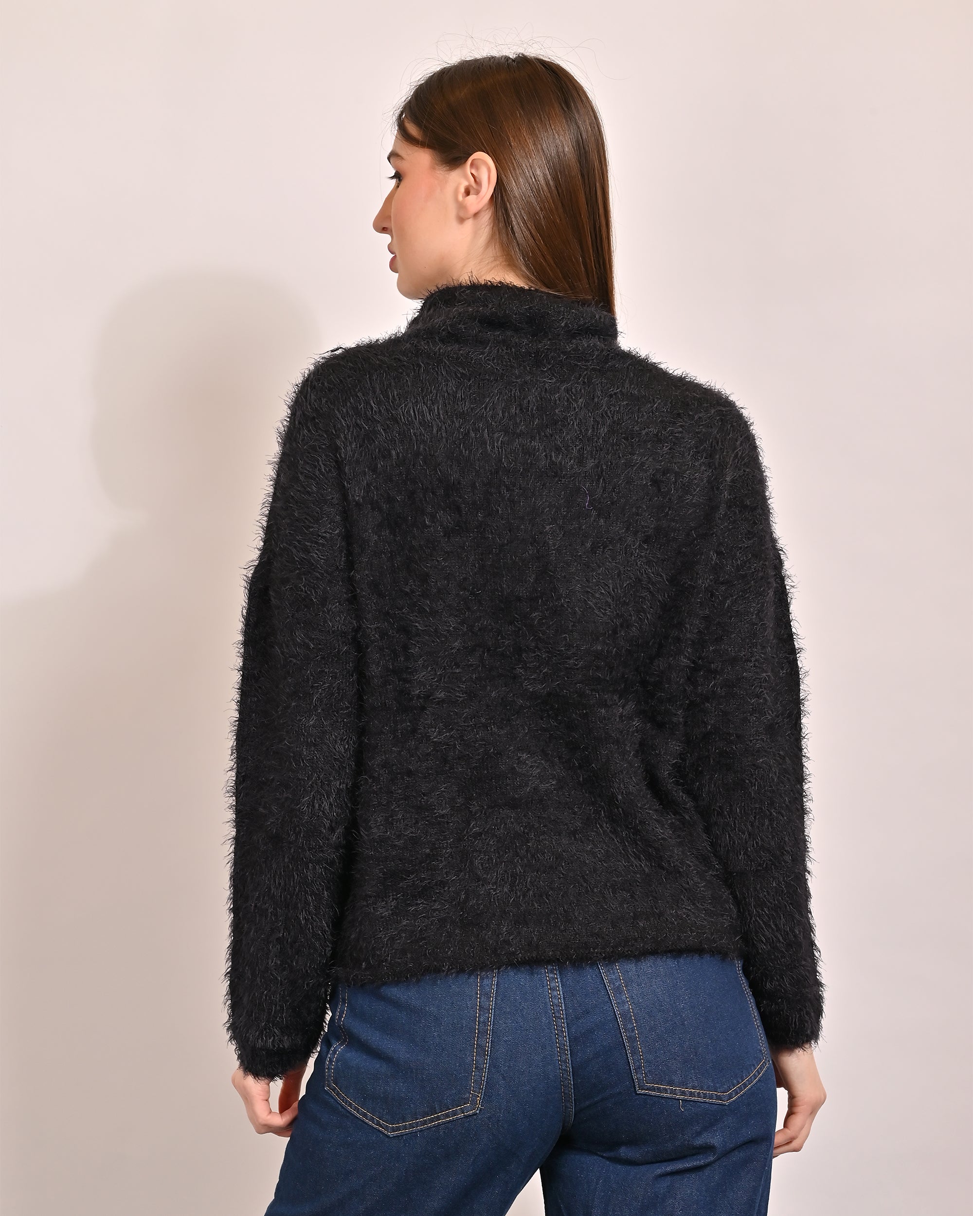 Women Black Faux Fur Sweater