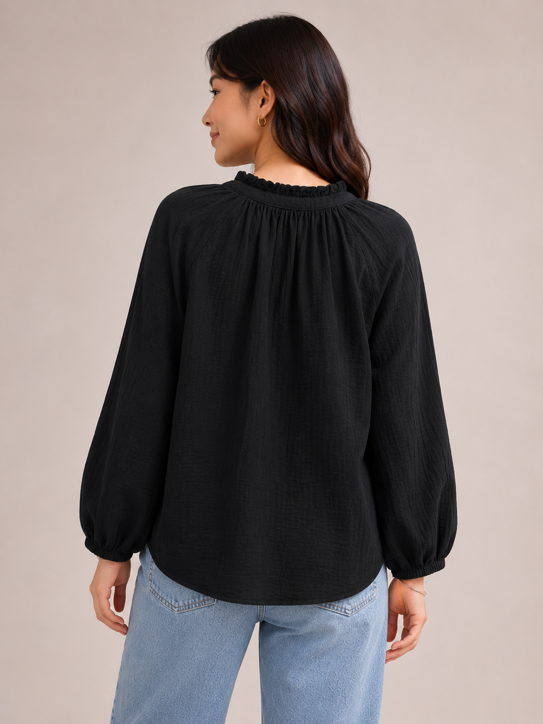 Women Black Ruffle Neck Top
