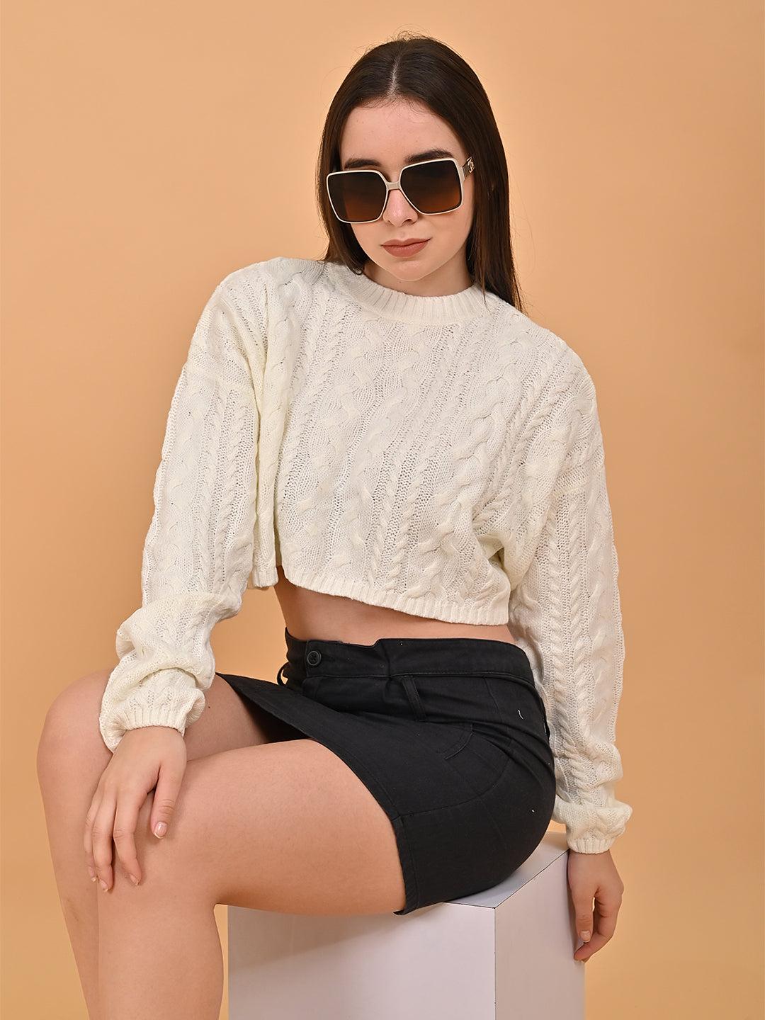 Women White Cropped Oversized Turtleneck