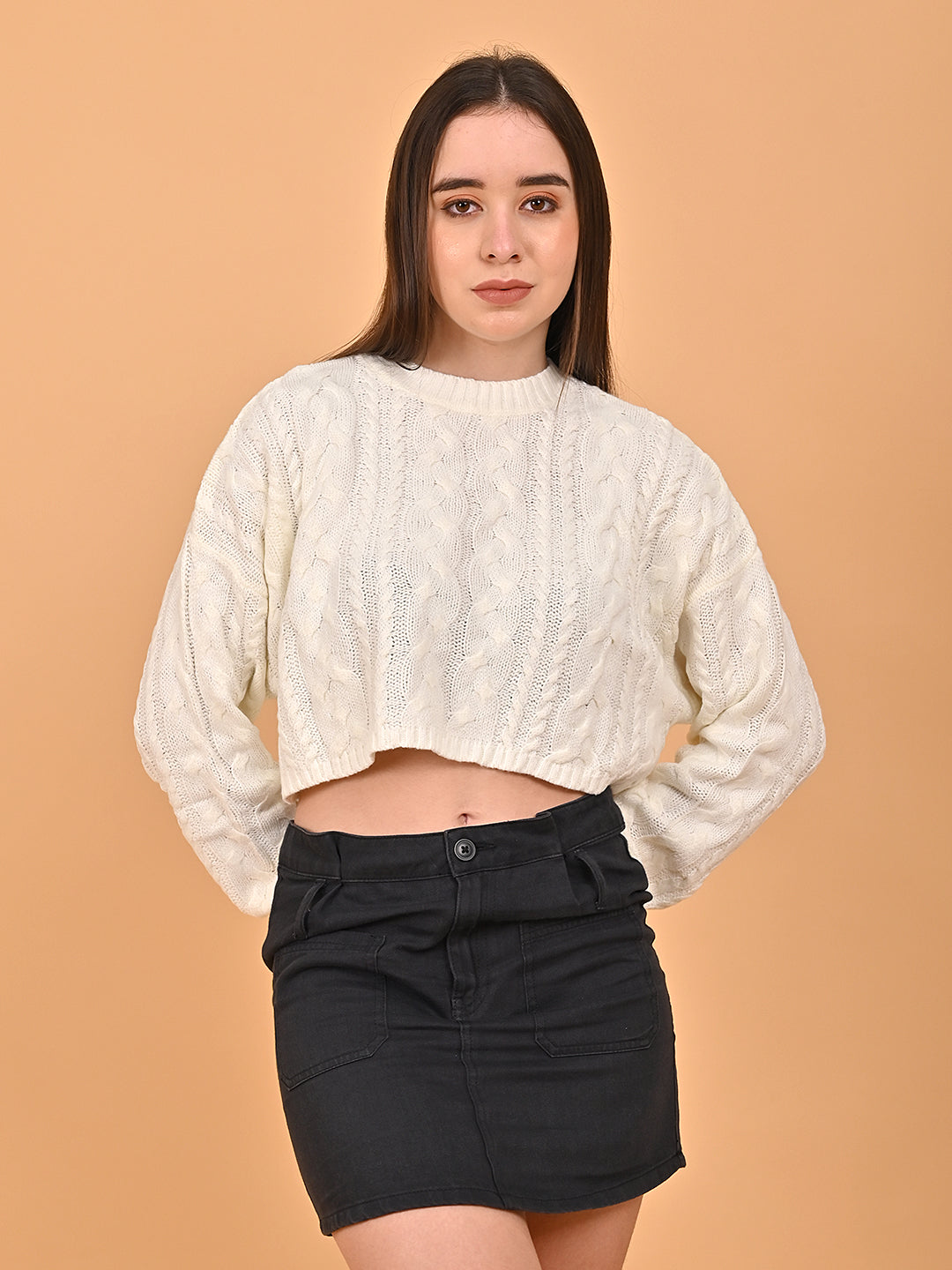 Women White Cropped Oversized Turtleneck